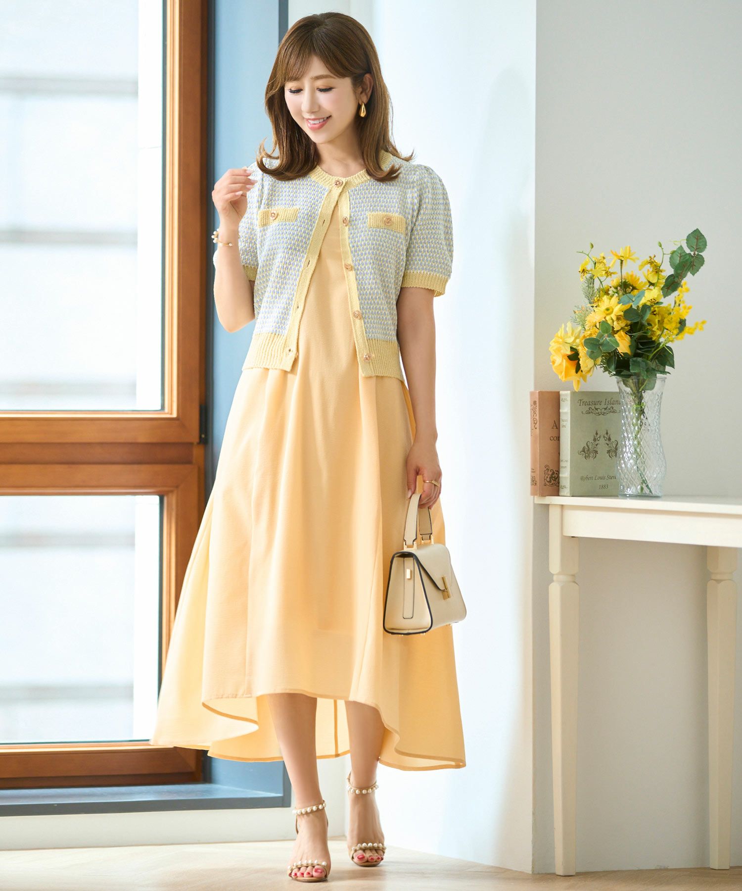 サマーツイード編みニットカーディガン半袖袖口裾リブ