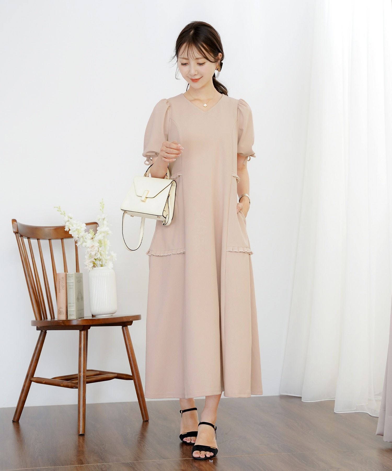 レディースワンピースフレアワンピース袖口リボンリボン袖口ゴム伸縮ポケットロングミモレタックプリーツフリルハイウエスト妊婦マタニティゆったりこっくりカラー涙あきフェミニン上品エレガントカワイイ大人ピンクネイビーブラウン