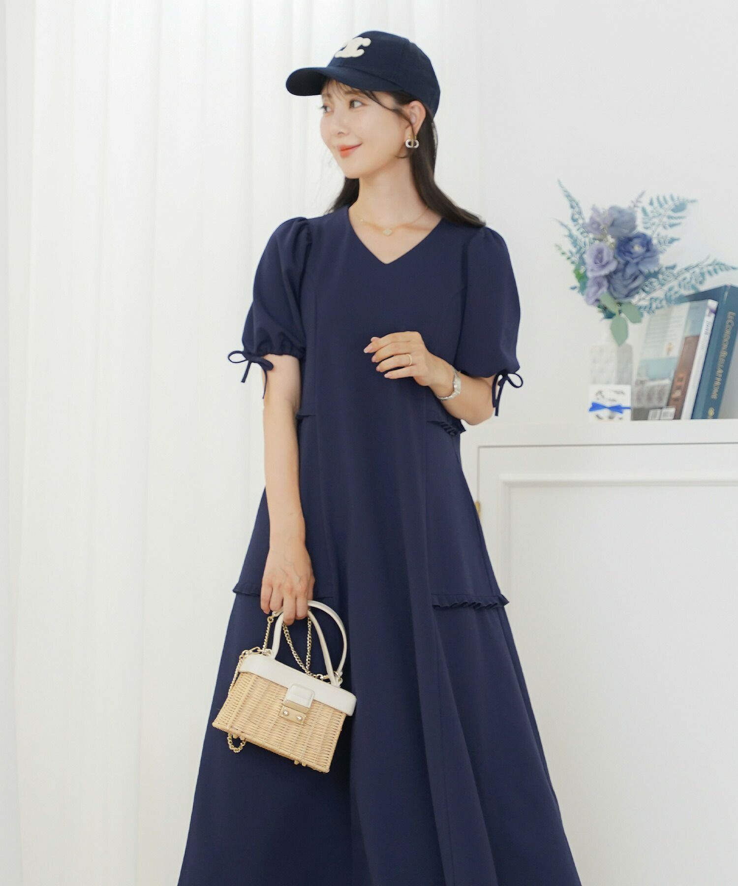 レディースワンピースフレアワンピース袖口リボンリボン袖口ゴム伸縮ポケットロングミモレタックプリーツフリルハイウエスト妊婦マタニティゆったりこっくりカラー涙あきフェミニン上品エレガントカワイイ大人ピンクネイビーブラウン