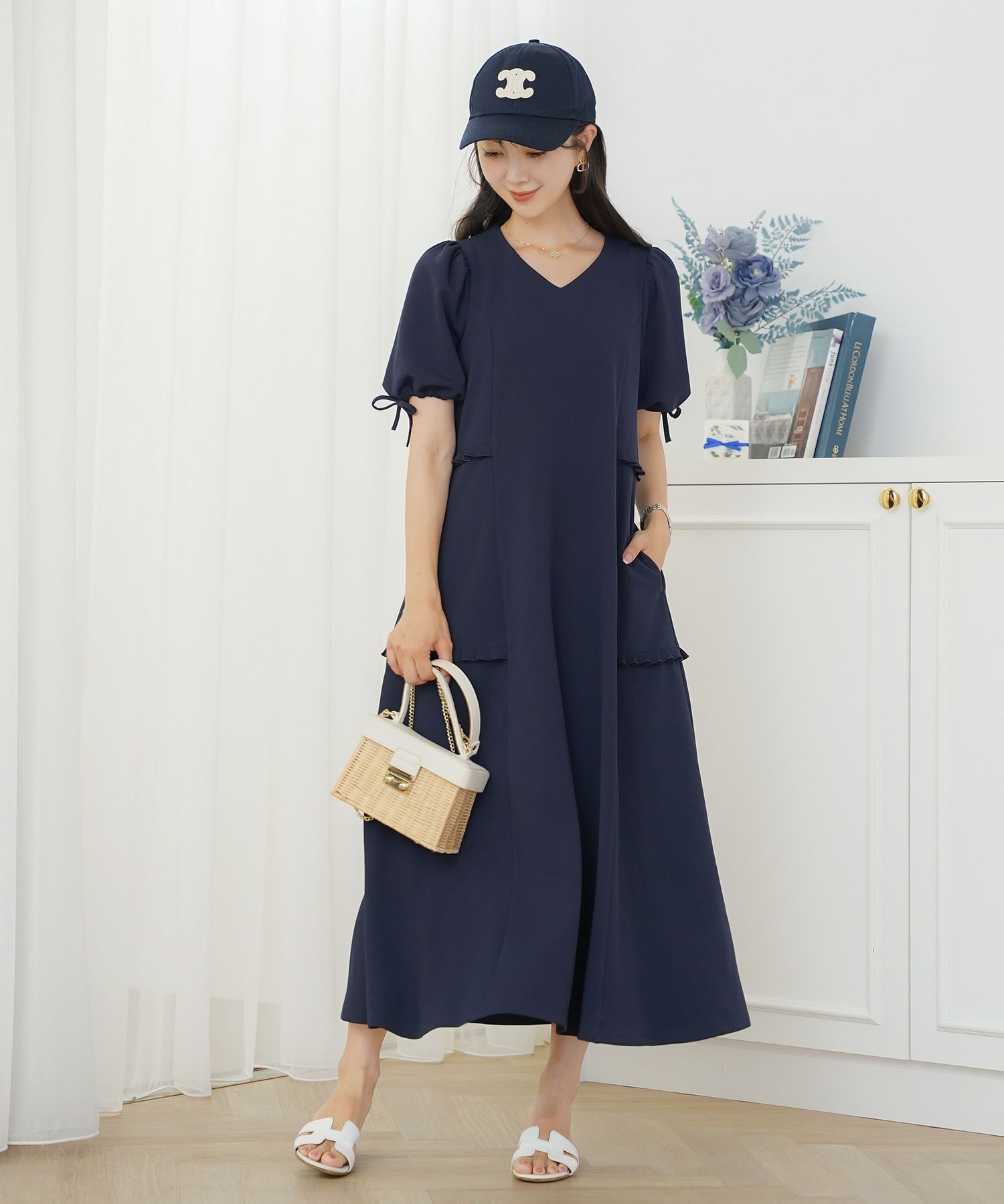 レディースワンピースフレアワンピース袖口リボンリボン袖口ゴム伸縮ポケットロングミモレタックプリーツフリルハイウエスト妊婦マタニティゆったりこっくりカラー涙あきフェミニン上品エレガントカワイイ大人ピンクネイビーブラウン