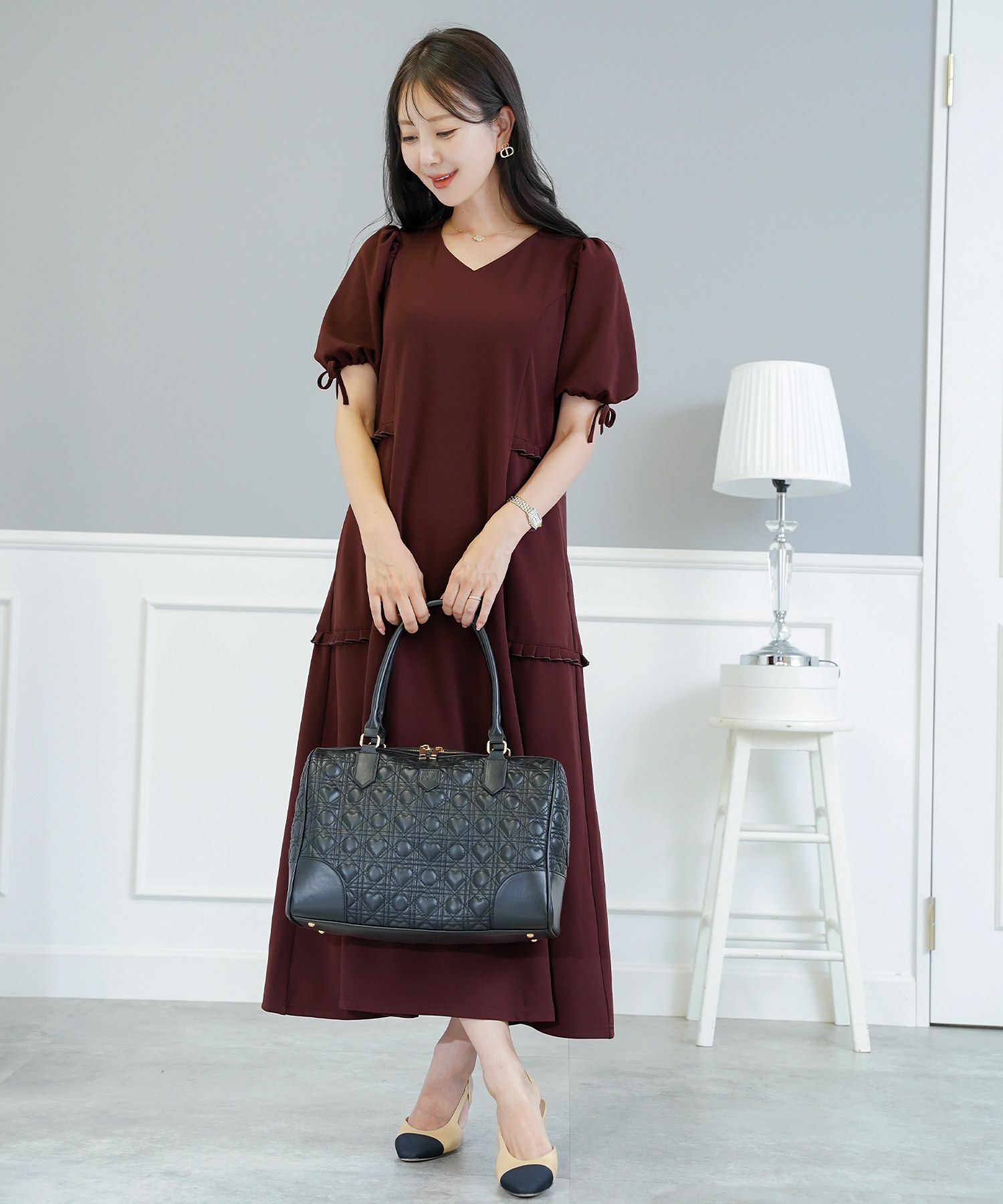 レディースワンピースフレアワンピース袖口リボンリボン袖口ゴム伸縮ポケットロングミモレタックプリーツフリルハイウエスト妊婦マタニティゆったりこっくりカラー涙あきフェミニン上品エレガントカワイイ大人ピンクネイビーブラウン