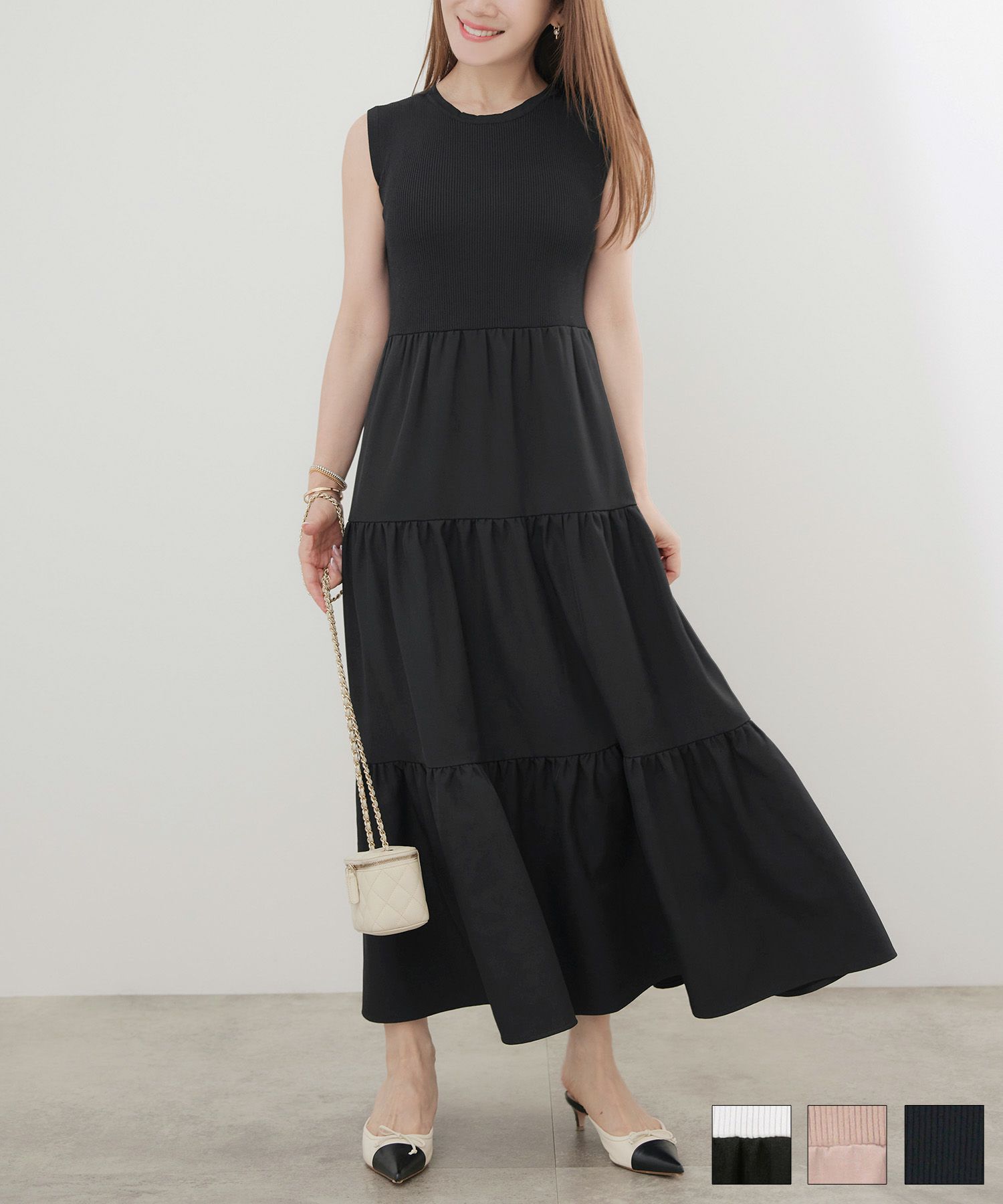 リブニット布帛ティアードドッキングワンピースLiala×PG