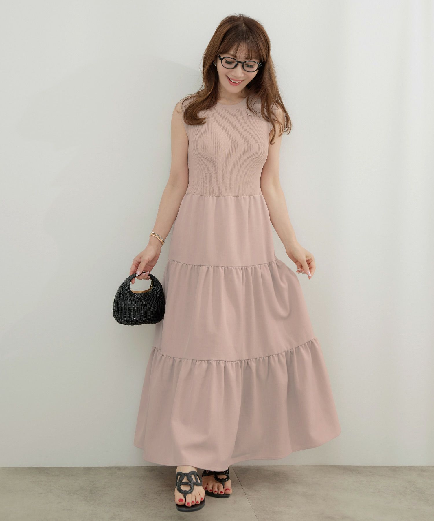 手洗い可かわいい上品きれいめ大人カジュアルシンプルノースリーブ異素材体型カバーフレアジョイントスペース