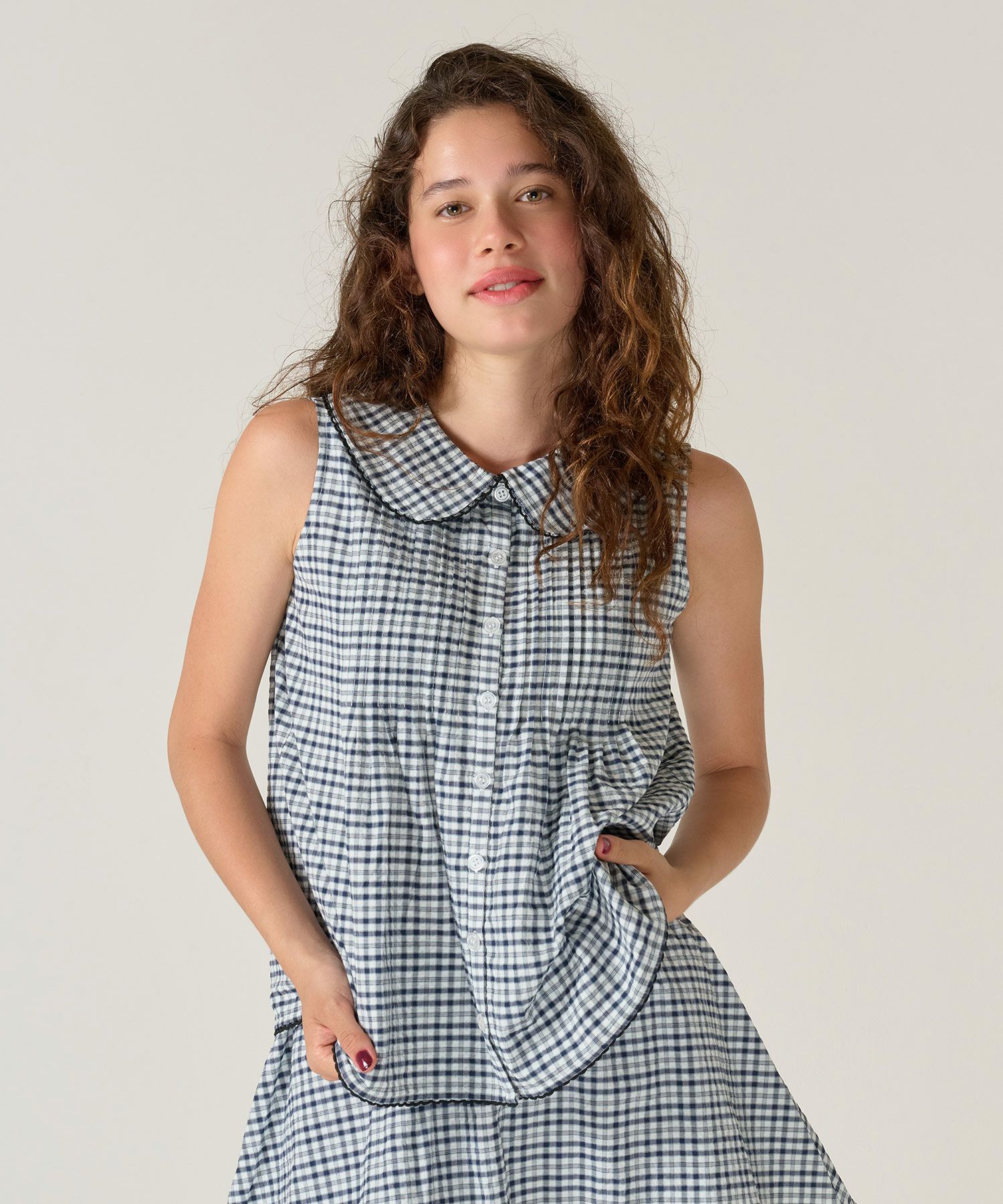 ノースリーブ/ ブラウス/チェック/ネイビー