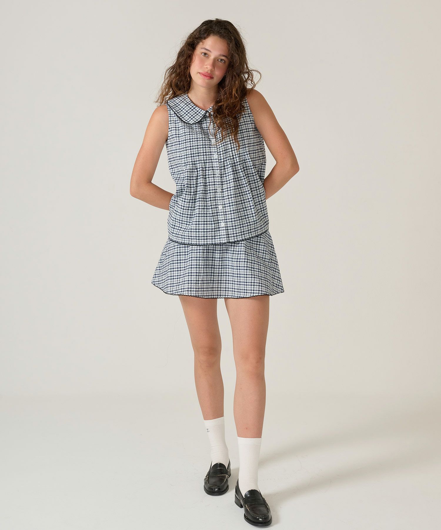 ノースリーブ/ ブラウス/チェック/ネイビー