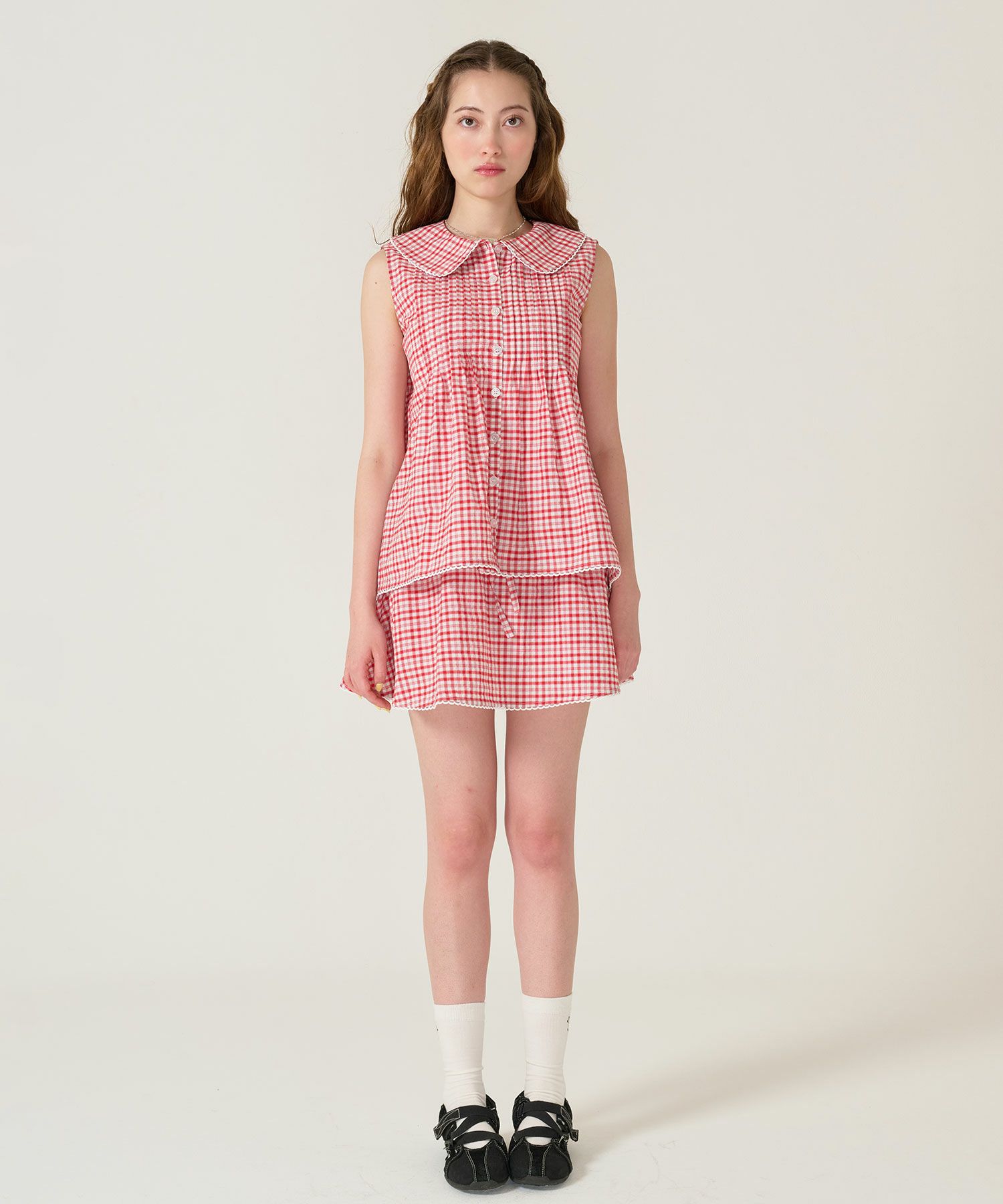 ノースリーブ/ ブラウス/チェック/レッド