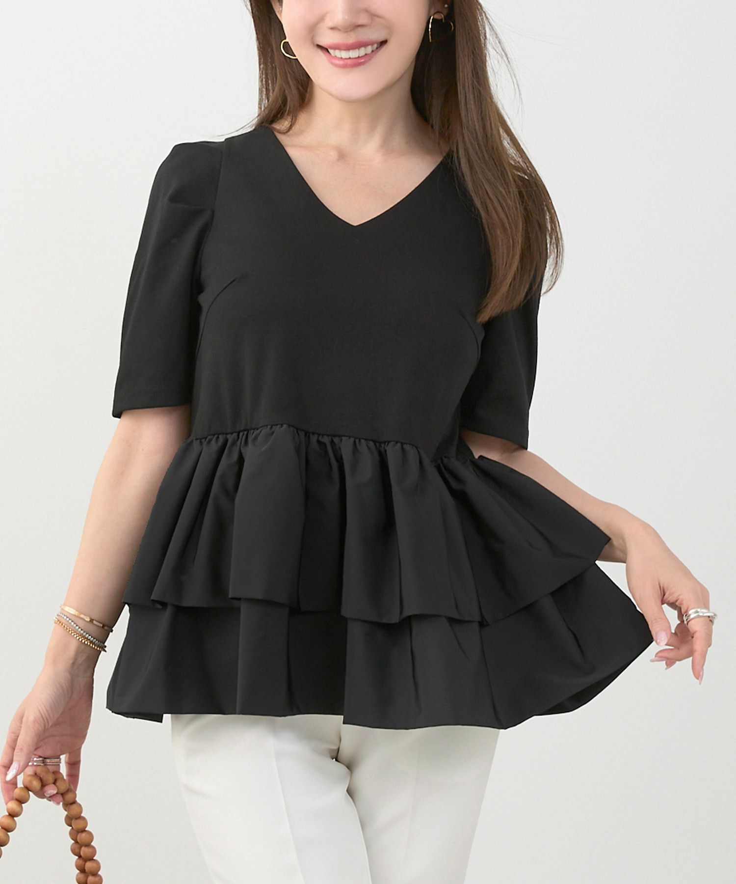 手洗い可かわいい上品きれいめ大人カジュアルオフィスシンプルVネック体型カバー異素材ジョイントスペース