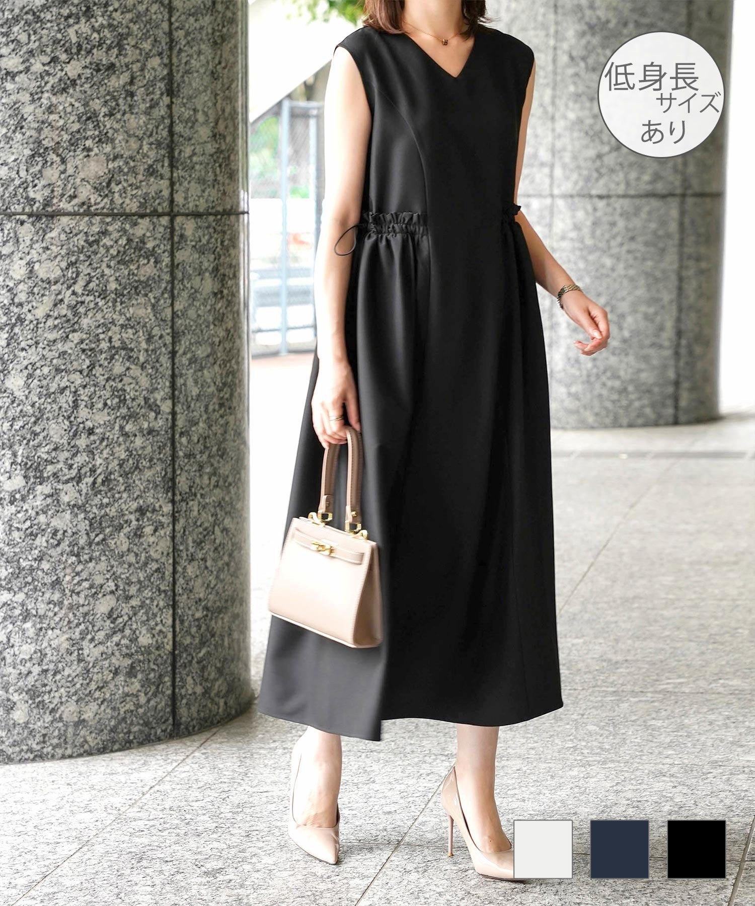 レディース 夏 サマーワンピース 薄手 ドロスト きれいめ 洗える/ホワイト/ネイビー/ブラック/S/M/前後2way/ノースリーブ