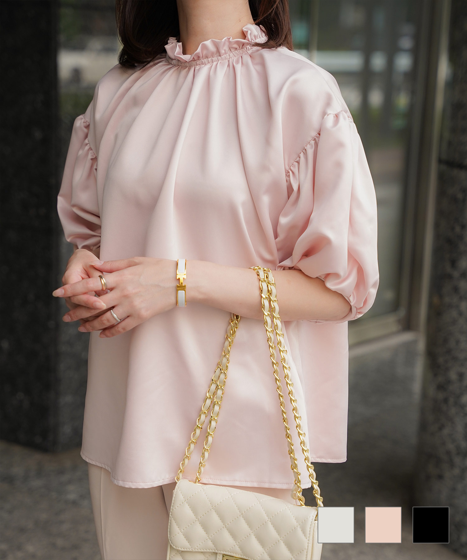 2way サテン ブラウス HUIT アイボリー/ピンク/ブラック/M/前後2way/半袖