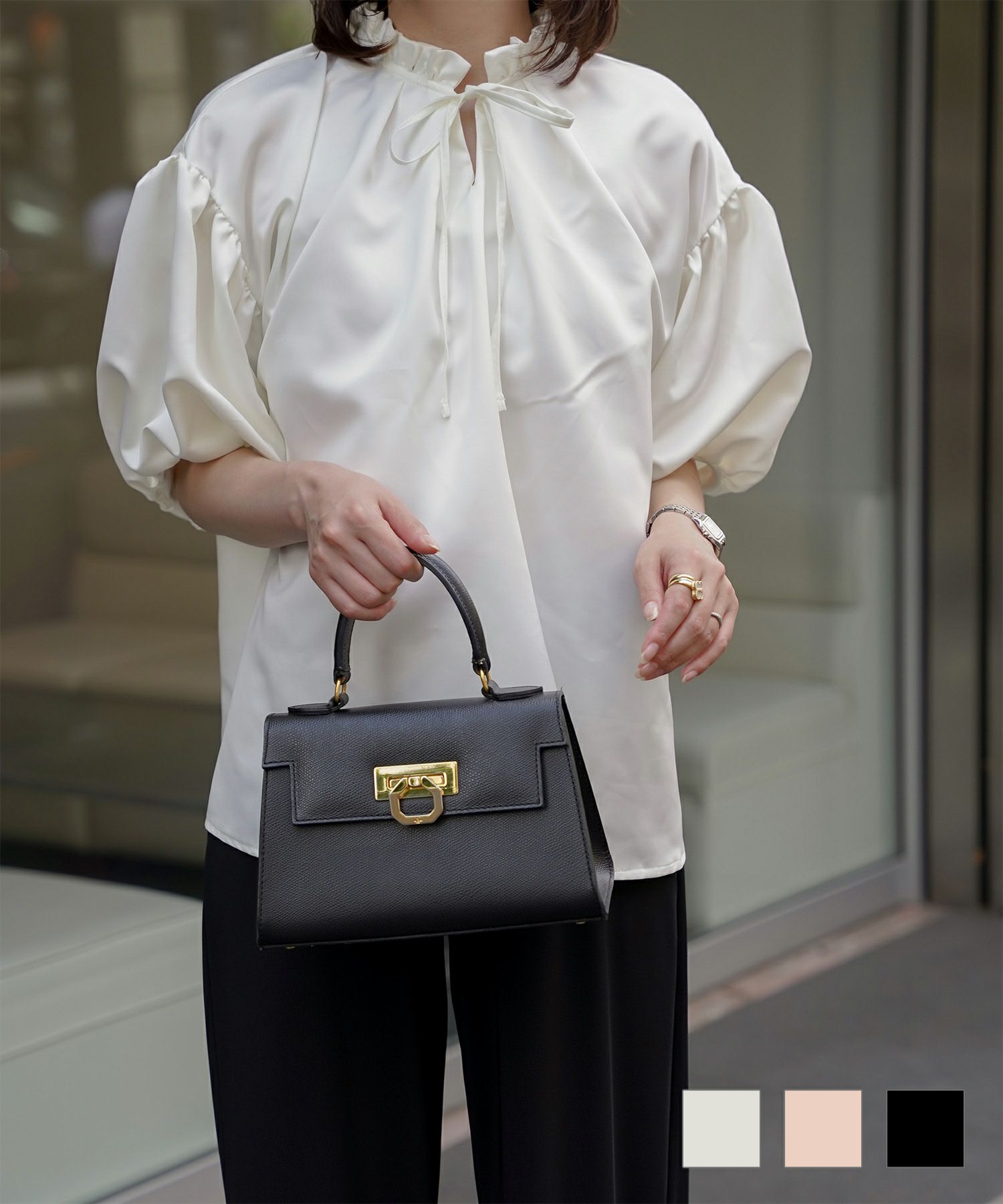 2way サテン ブラウス HUIT アイボリー/ピンク/ブラック/M/前後2way/半袖