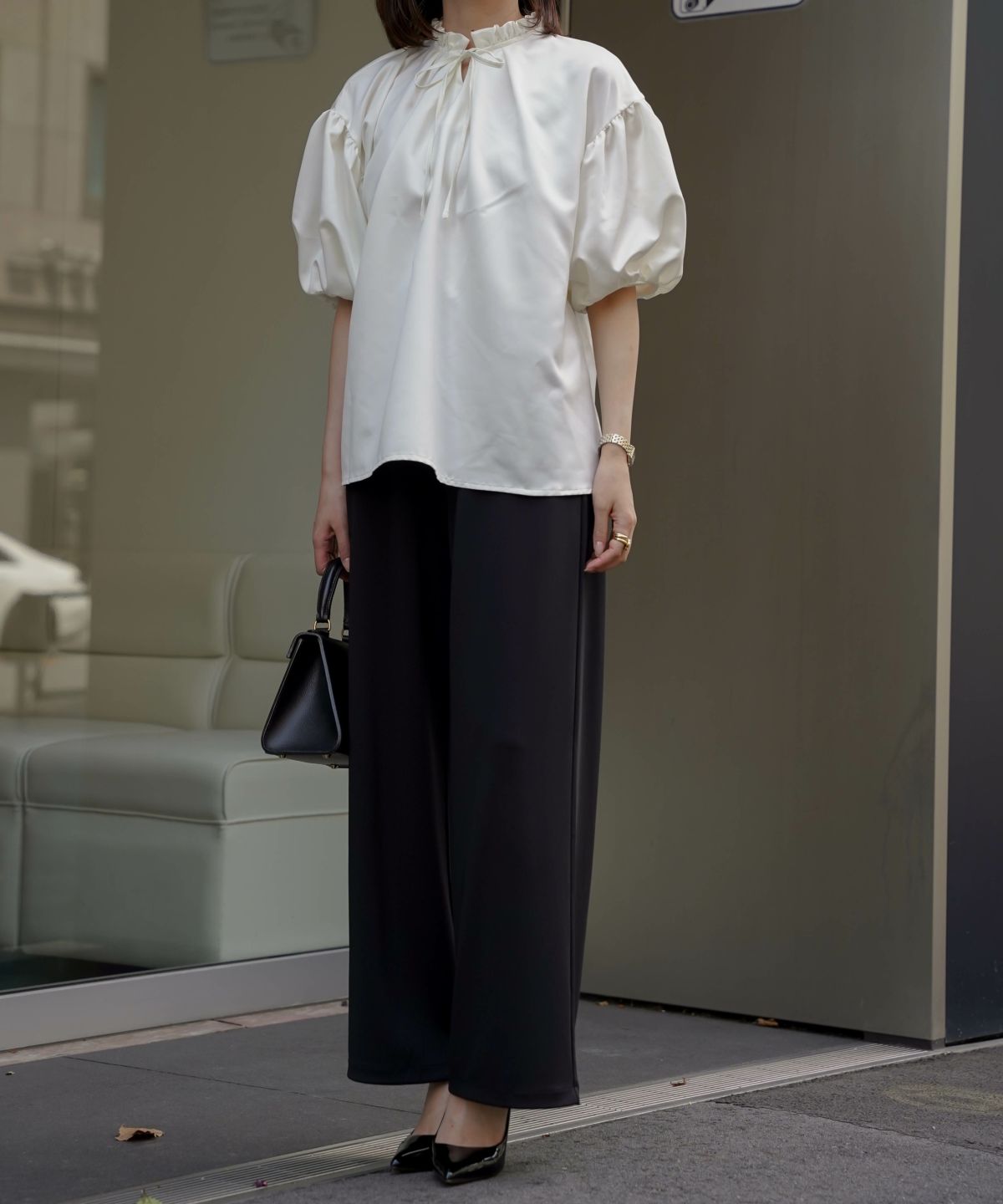 2way サテン ブラウス HUIT アイボリー/ピンク/ブラック/M/前後2way/半袖