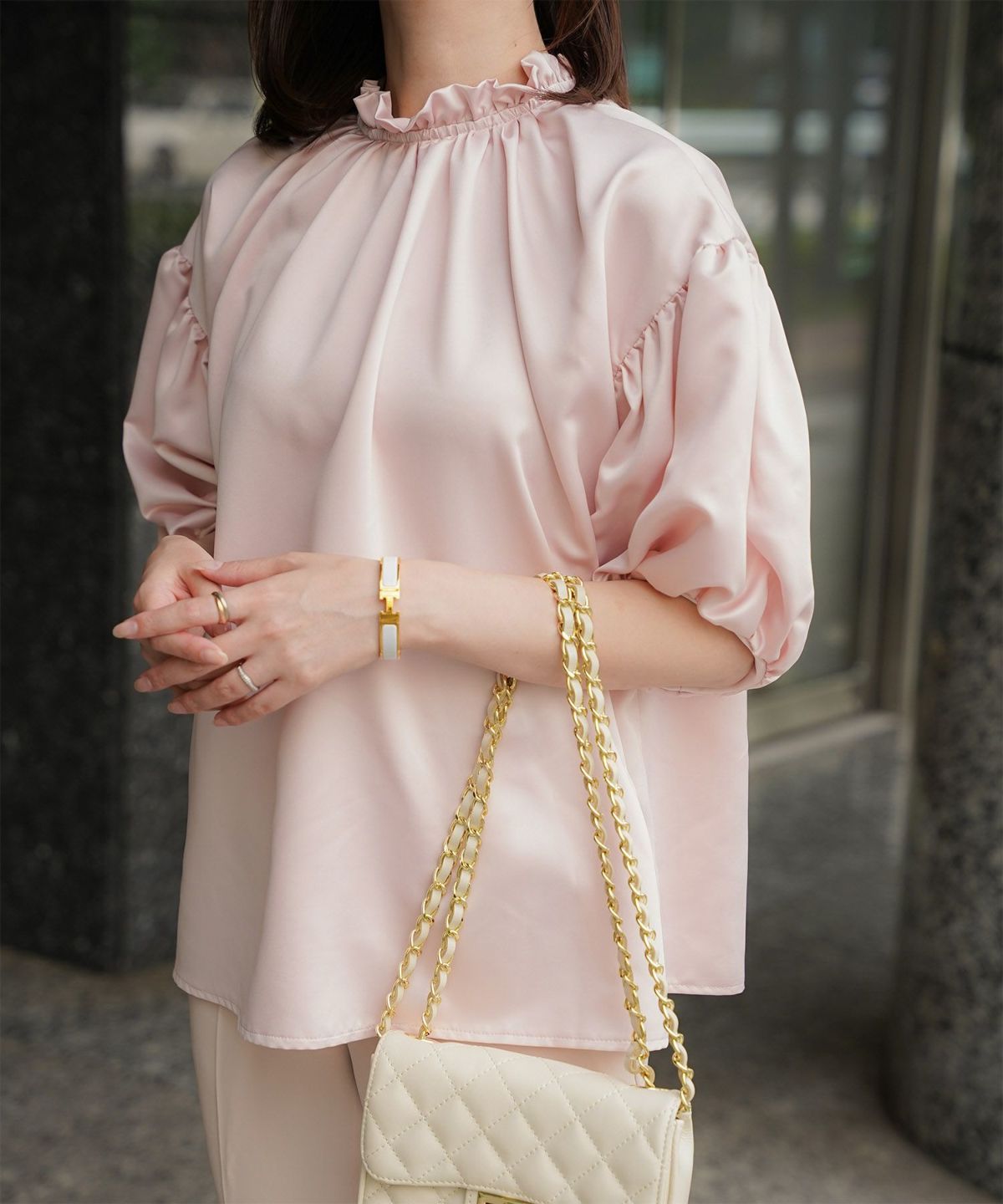 2way サテン ブラウス HUIT アイボリー/ピンク/ブラック/M/前後2way/半袖