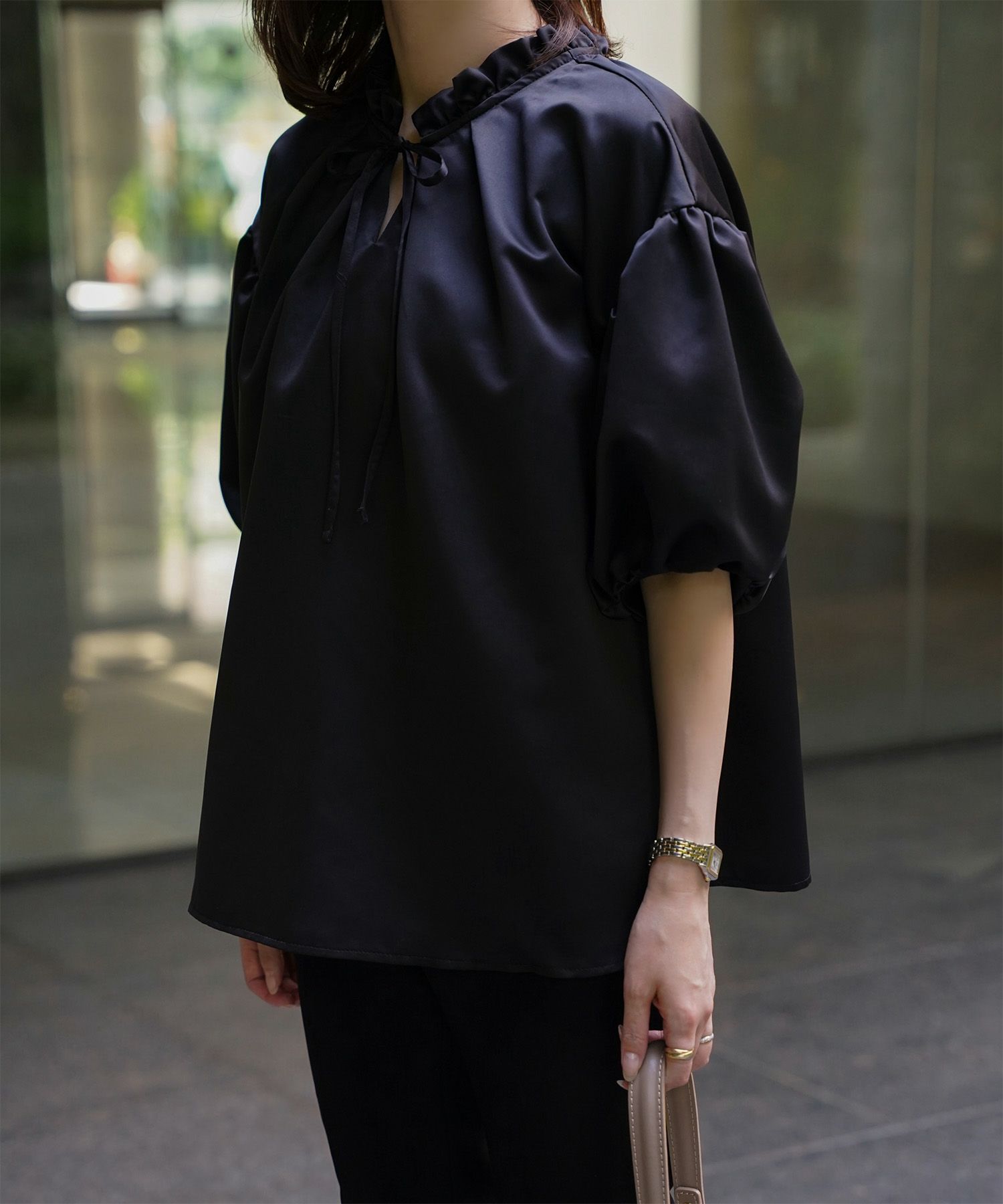 2way サテン ブラウス HUIT アイボリー/ピンク/ブラック/M/前後2way/半袖