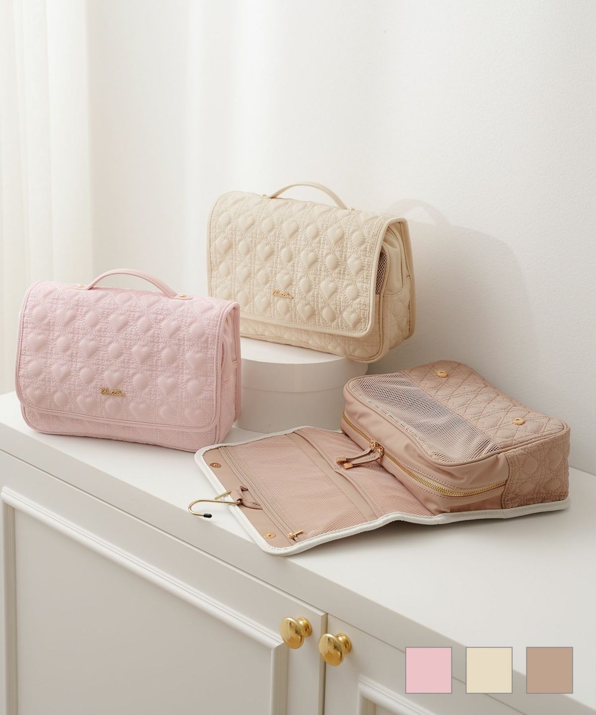 オリジナルハートキルティング撥水トラベルポーチlerevevanillerバブルガムピンク/バニラ/モカムース