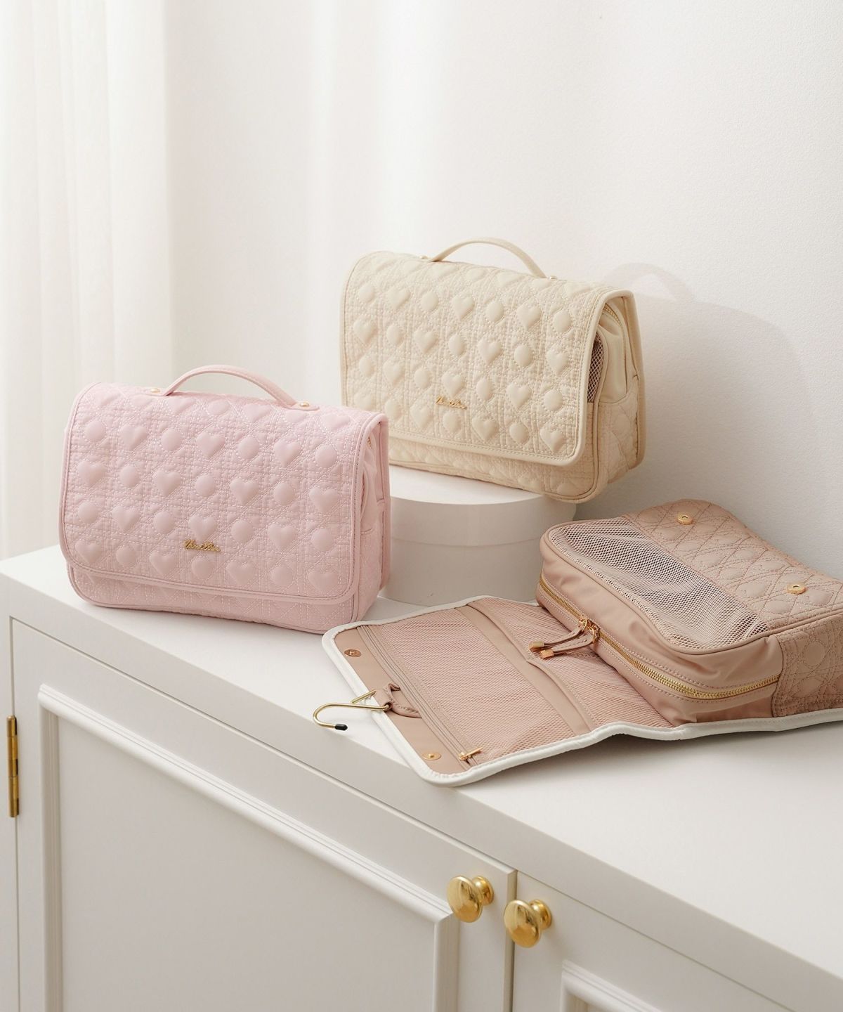 バッグ小物旅行ポーチトラベルポーチ吊り下げ旅行用洗面用具トイレサニタリーバッグ大容量撥水フック付きトラベルおしゃれメッシュポケット多機能仕分けゴムバンドコテヘアアイロンベージュピンクモカブラウン