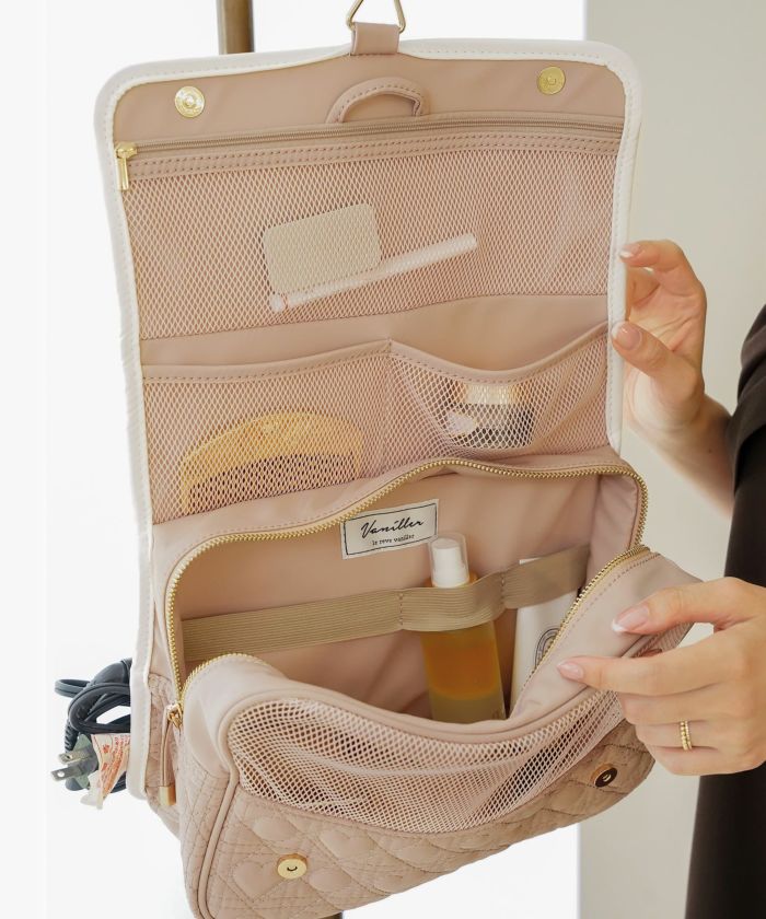 バッグ小物旅行ポーチトラベルポーチ吊り下げ旅行用洗面用具トイレサニタリーバッグ大容量撥水フック付きトラベルおしゃれメッシュポケット多機能仕分けゴムバンドコテヘアアイロンベージュピンクモカブラウン