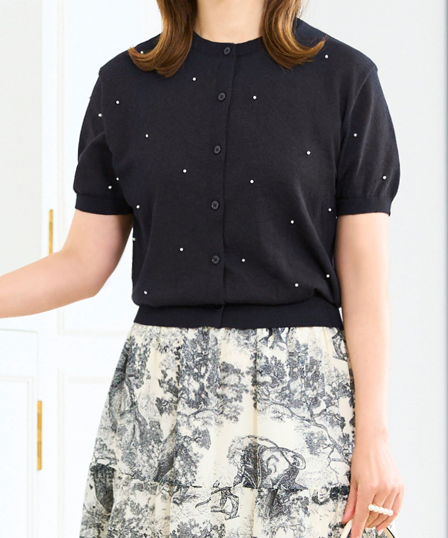 散りばめ小パールニットカーディガン半袖サマーニットホワイトブラック