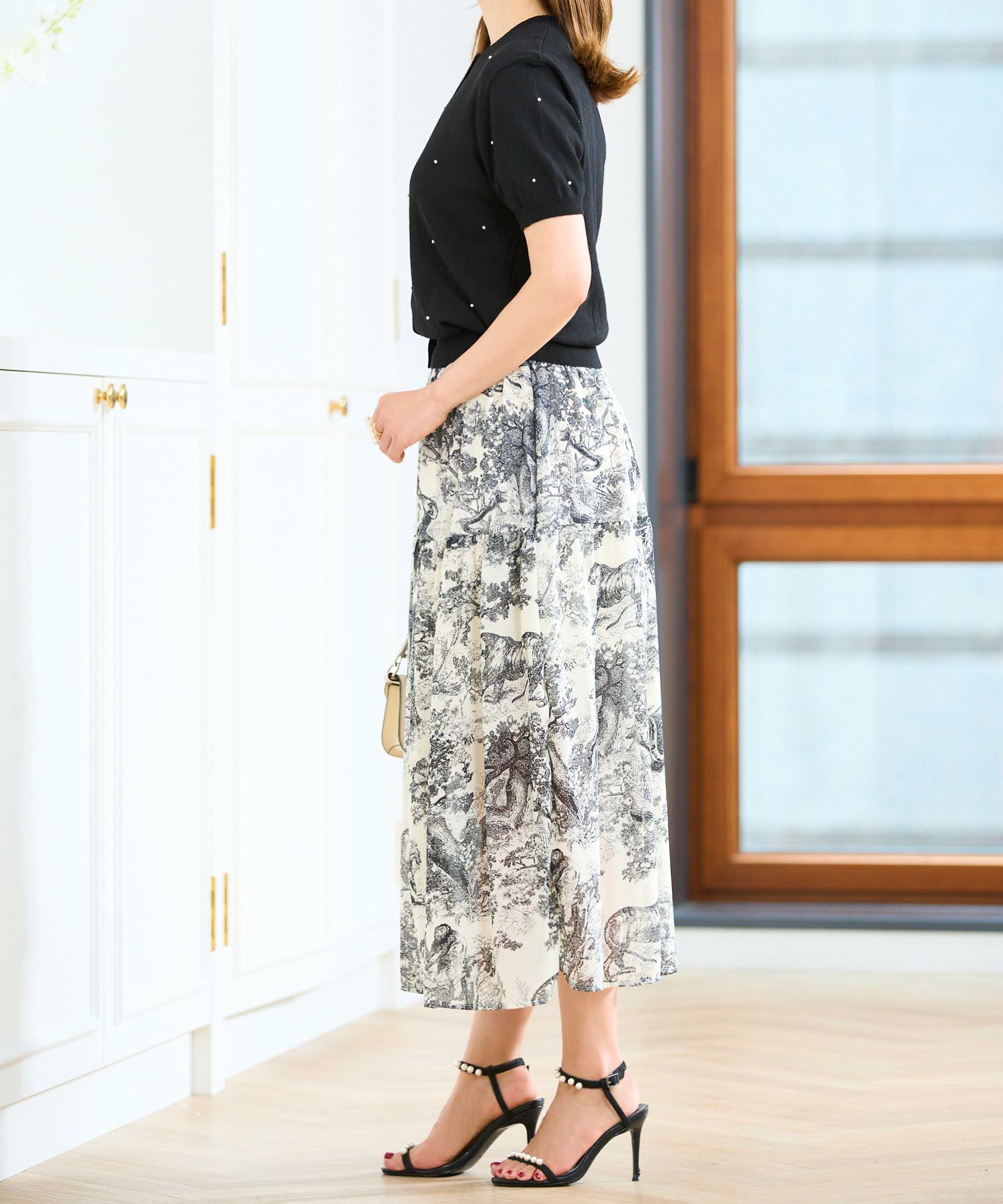 散りばめ小パールニットカーディガン半袖サマーニットホワイトブラック