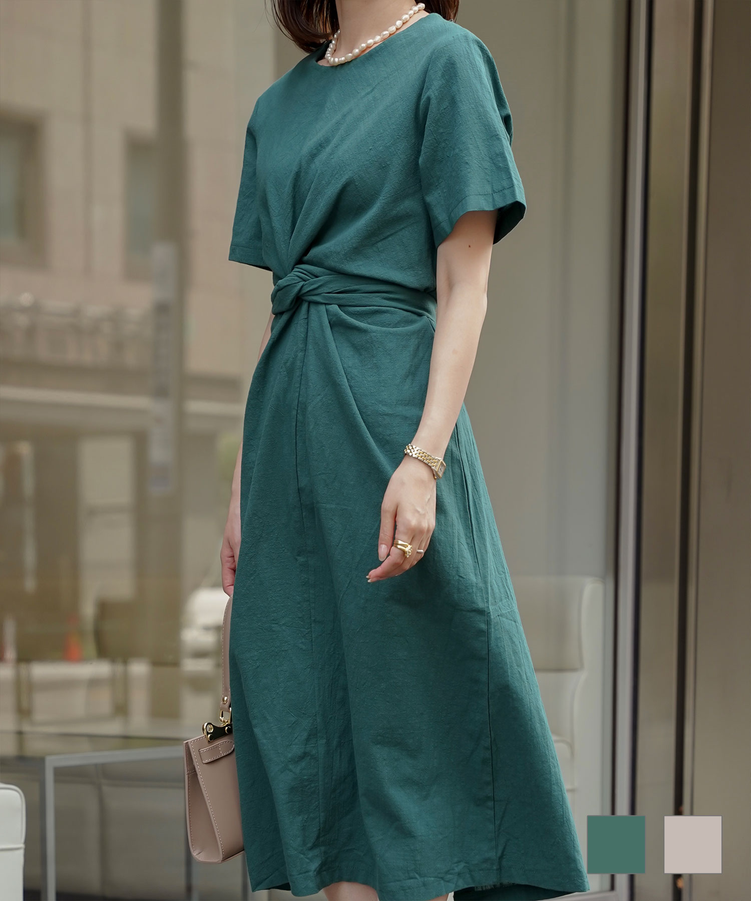 レディース 夏 サマーワンピース 麻 薄手 リボン きれいめ 洗える グリーン/ベージュ/M/半袖