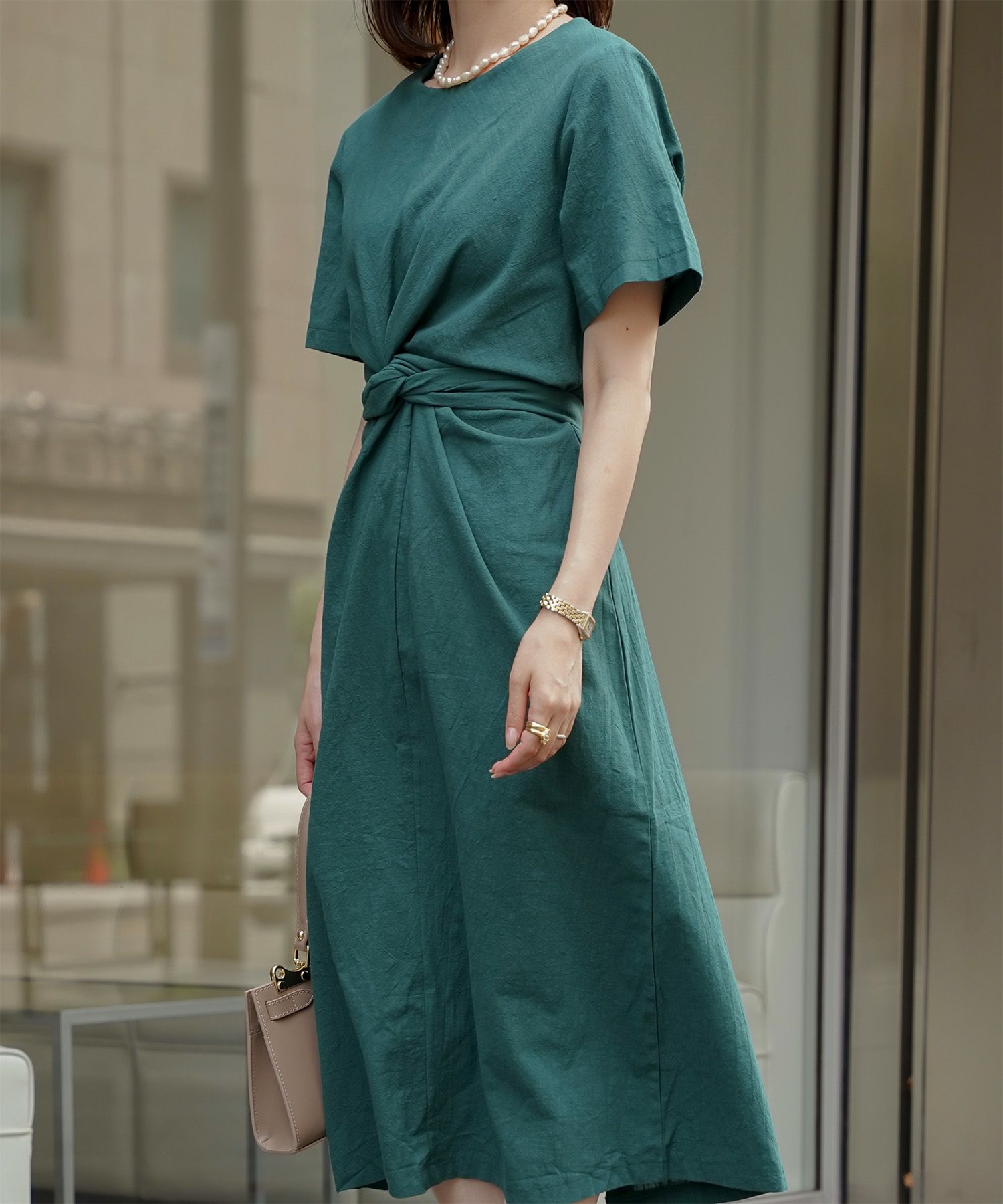 レディース 夏 サマーワンピース 麻 薄手 リボン きれいめ 洗える グリーン/ベージュ/M/半袖