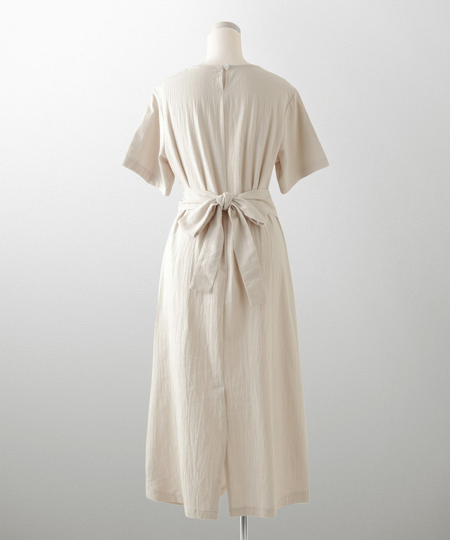 レディース 夏 サマーワンピース 麻 薄手 リボン きれいめ 洗える グリーン/ベージュ/M/半袖