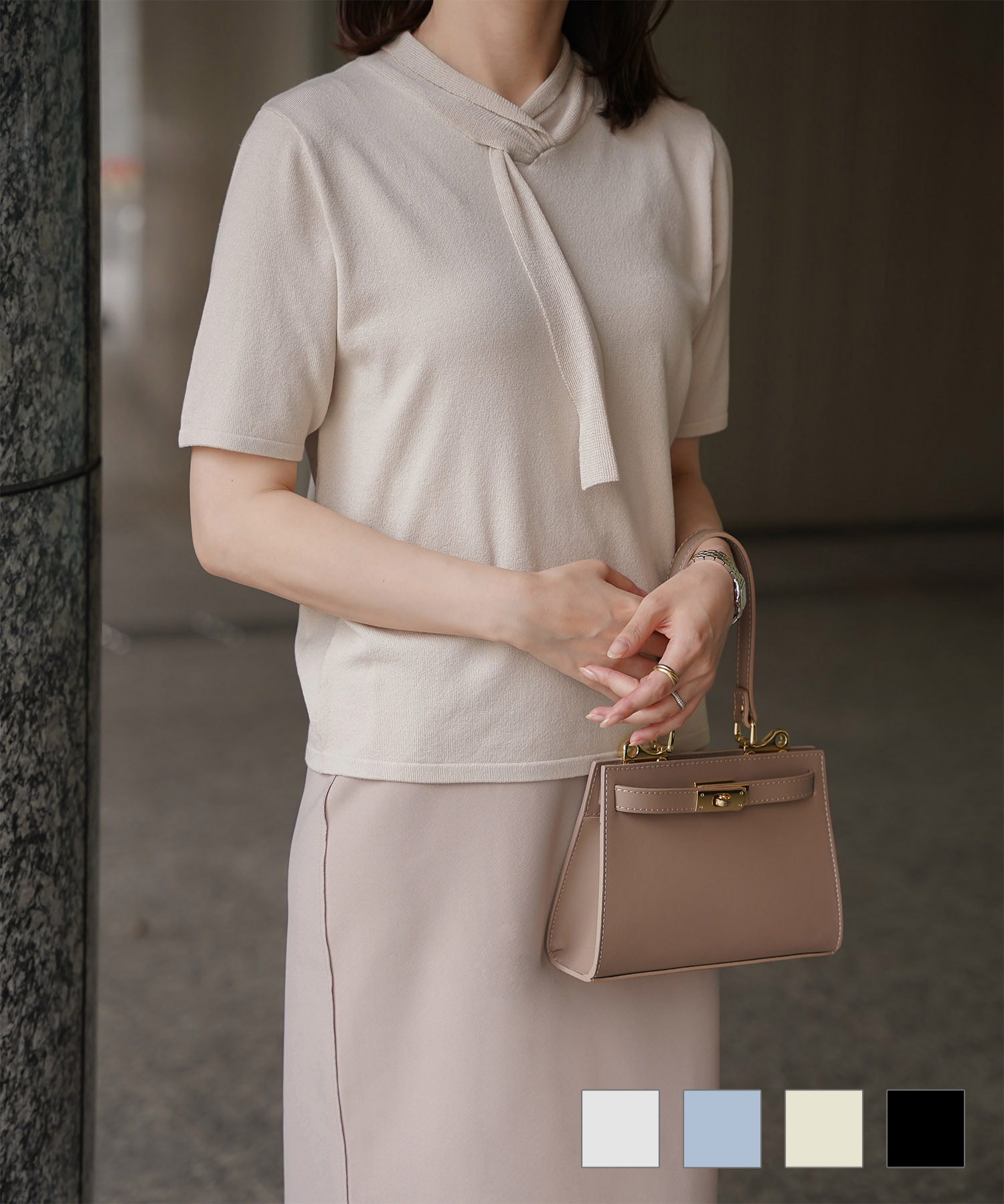 ニュアンス ボウタイ ニット レディース トップス プルオーバー サマーニット ラメ 半袖 きれいめ 上品 洗える