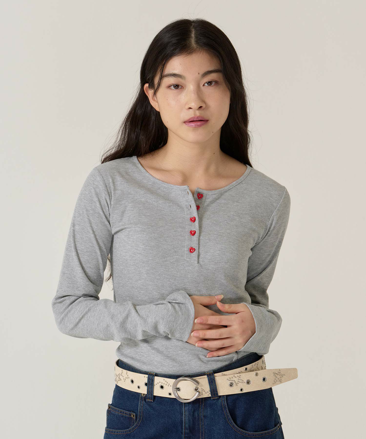 ハートボタン/ヘンリーネック/ロンT/ピンク