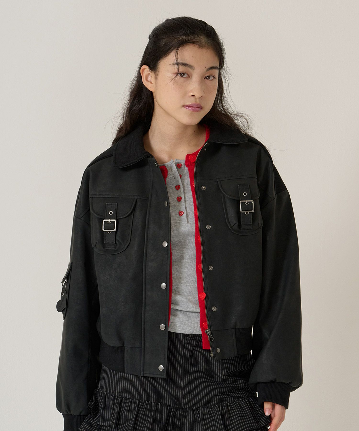 ハートボタン/ヘンリーネック/ロンT/ピンク