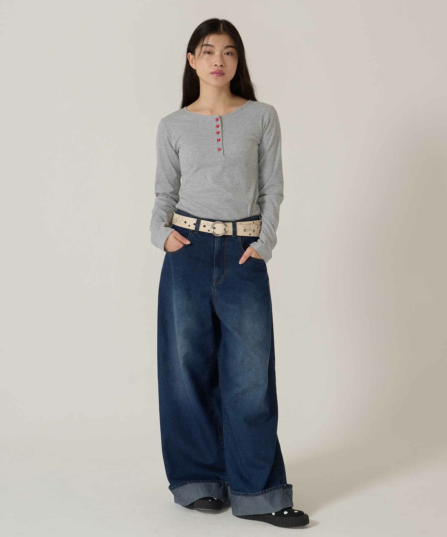 ハートボタン/ヘンリーネック/ロンT/ピンク