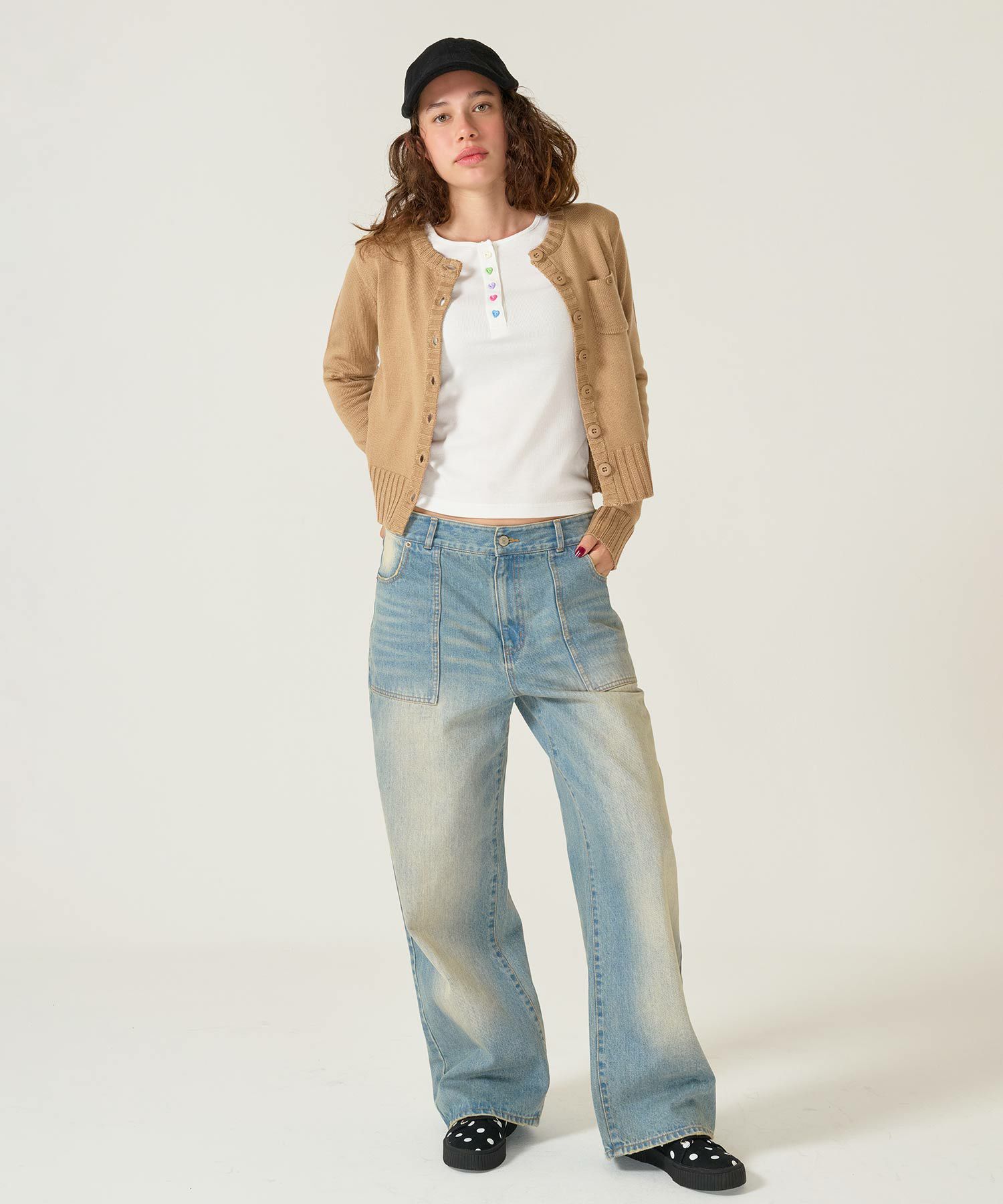 ハートボタン/ヘンリーネック/ロンT/ネイビー