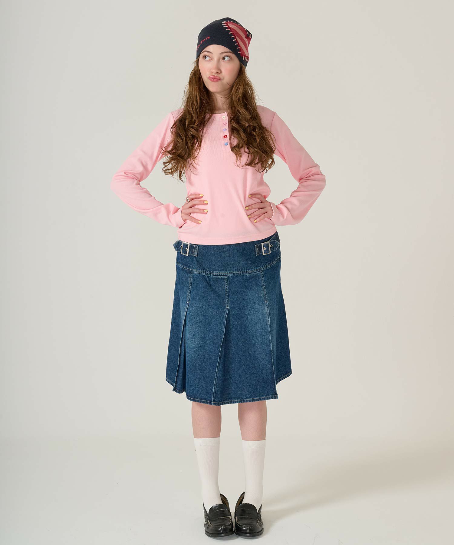 ハートボタン/ヘンリーネック/ロンT/ピンク