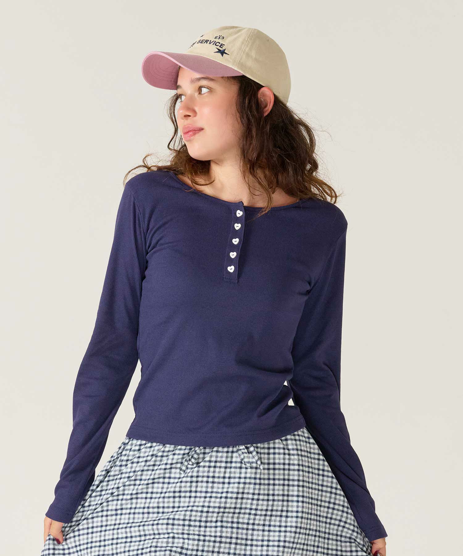 ハートボタン/ヘンリーネック/ロンT/ピンク/ホワイト/ネイビー