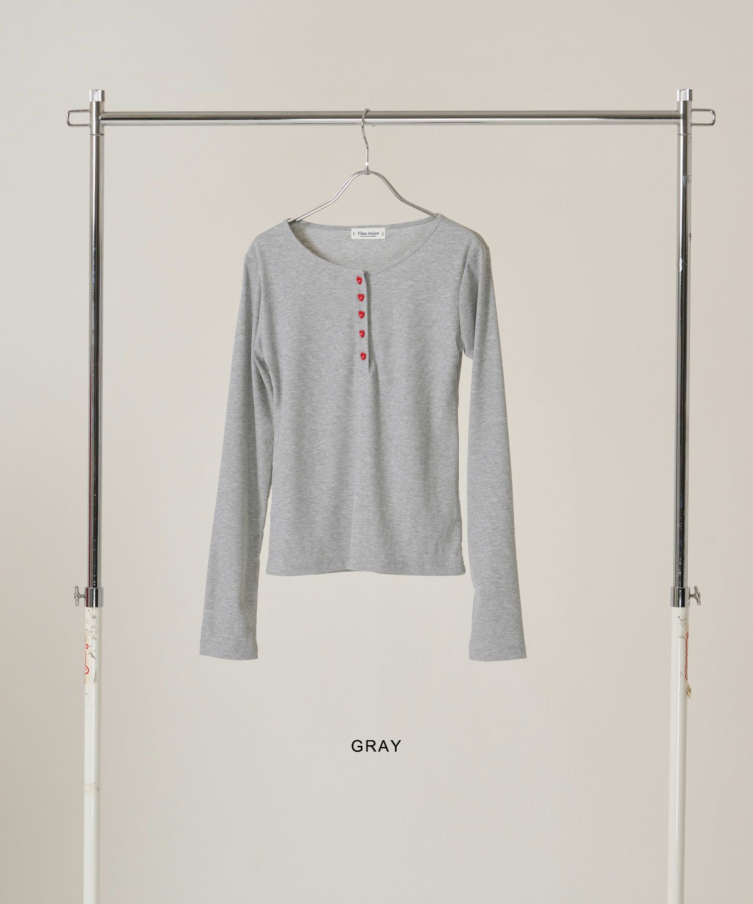 ハートボタン/ヘンリーネック/ロンT/ピンク/ホワイト/ネイビー