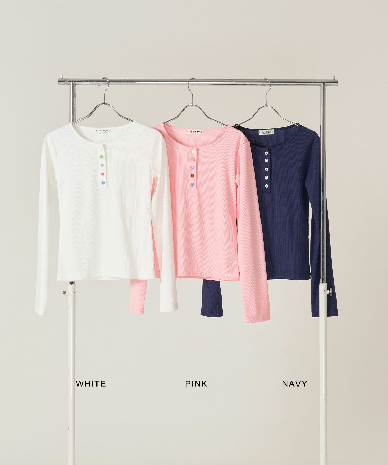 ハートボタン/ヘンリーネック/ロンT/ピンク/ホワイト/ネイビー