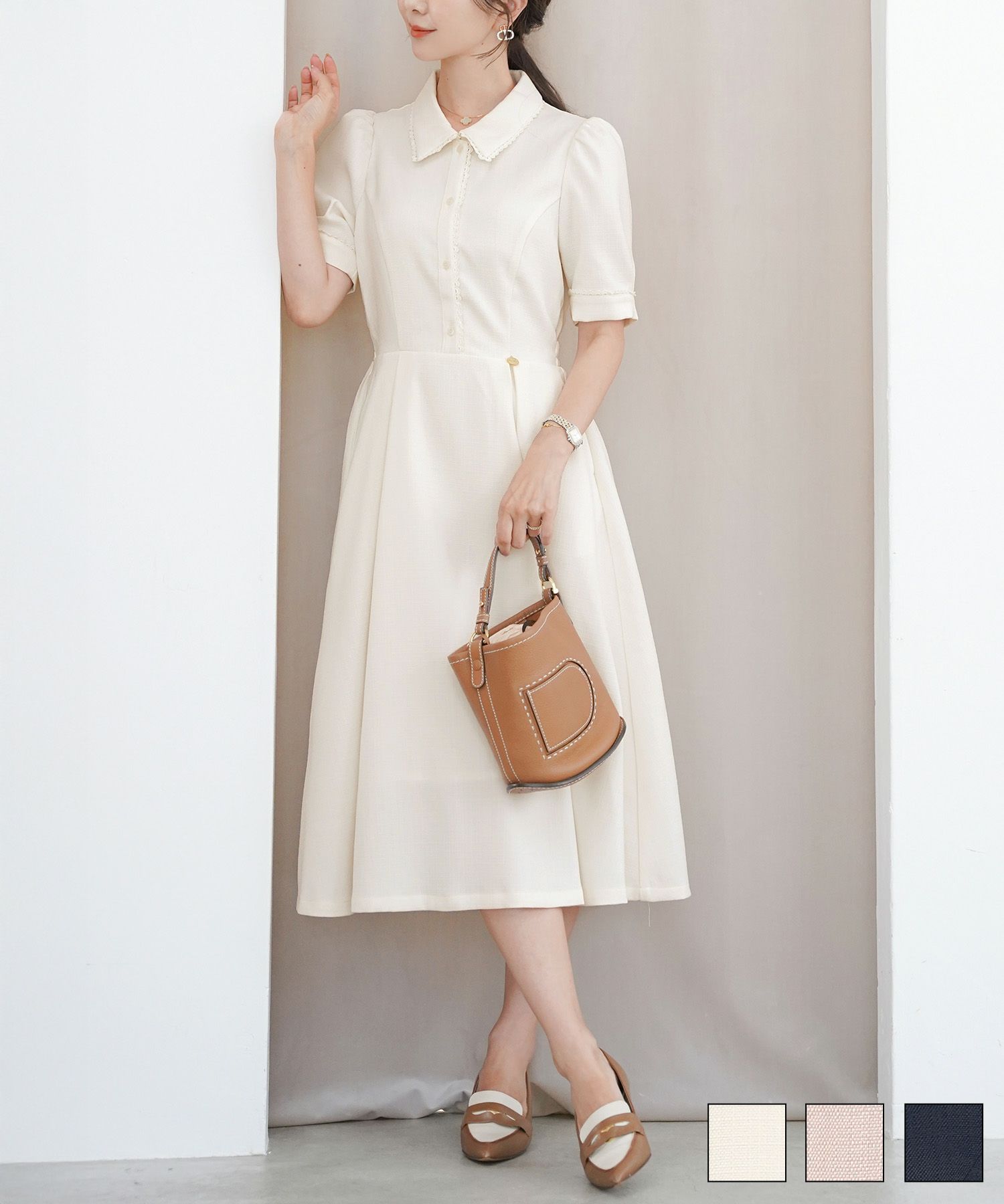 初秋前あきリボンワンピースlerevevanillerアイボリー/ピンク/ネイビー