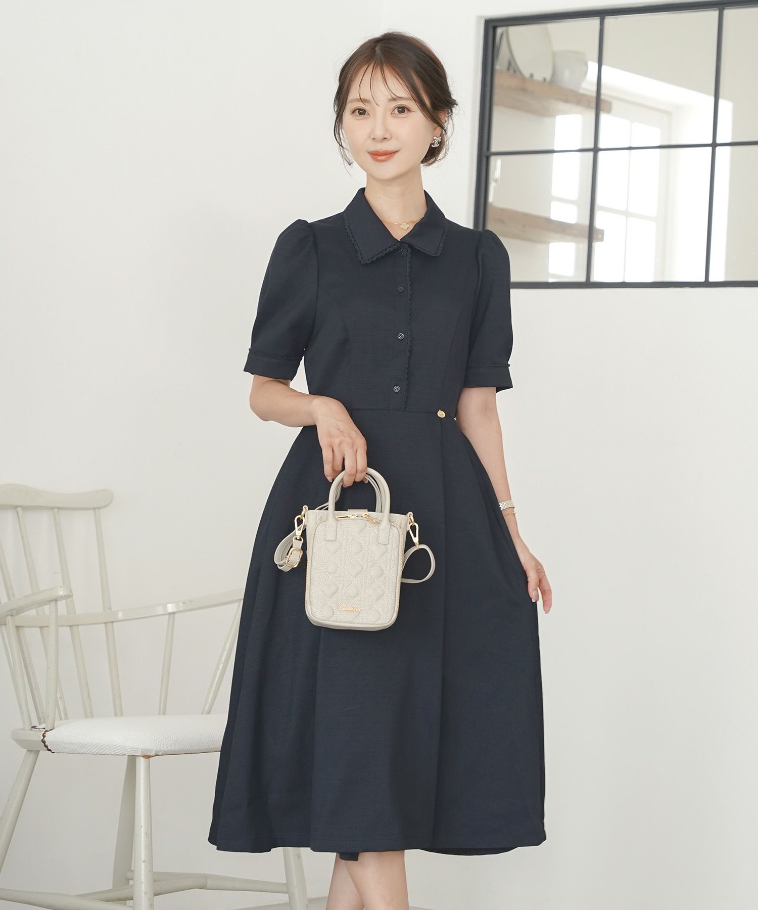 ワンピース襟付きレースピコレースフレアワンピースパネルライン半袖パフスリーブ袖口カフスタック上品大人フェミニンきれいめオリジナルチャーム付きアイボリーピンクネイビー