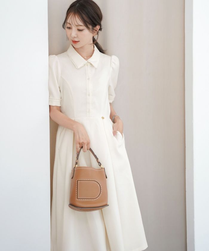 即納クーポン対象 フィット&フレア レース付き シャツ襟 ワンピース le