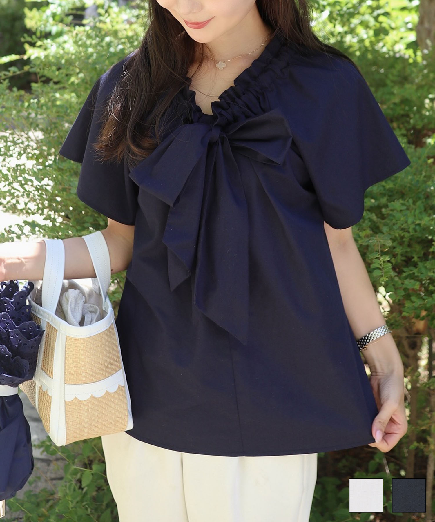 フリルネックボウタイブラウスlerevevanillerホワイト/ネイビー