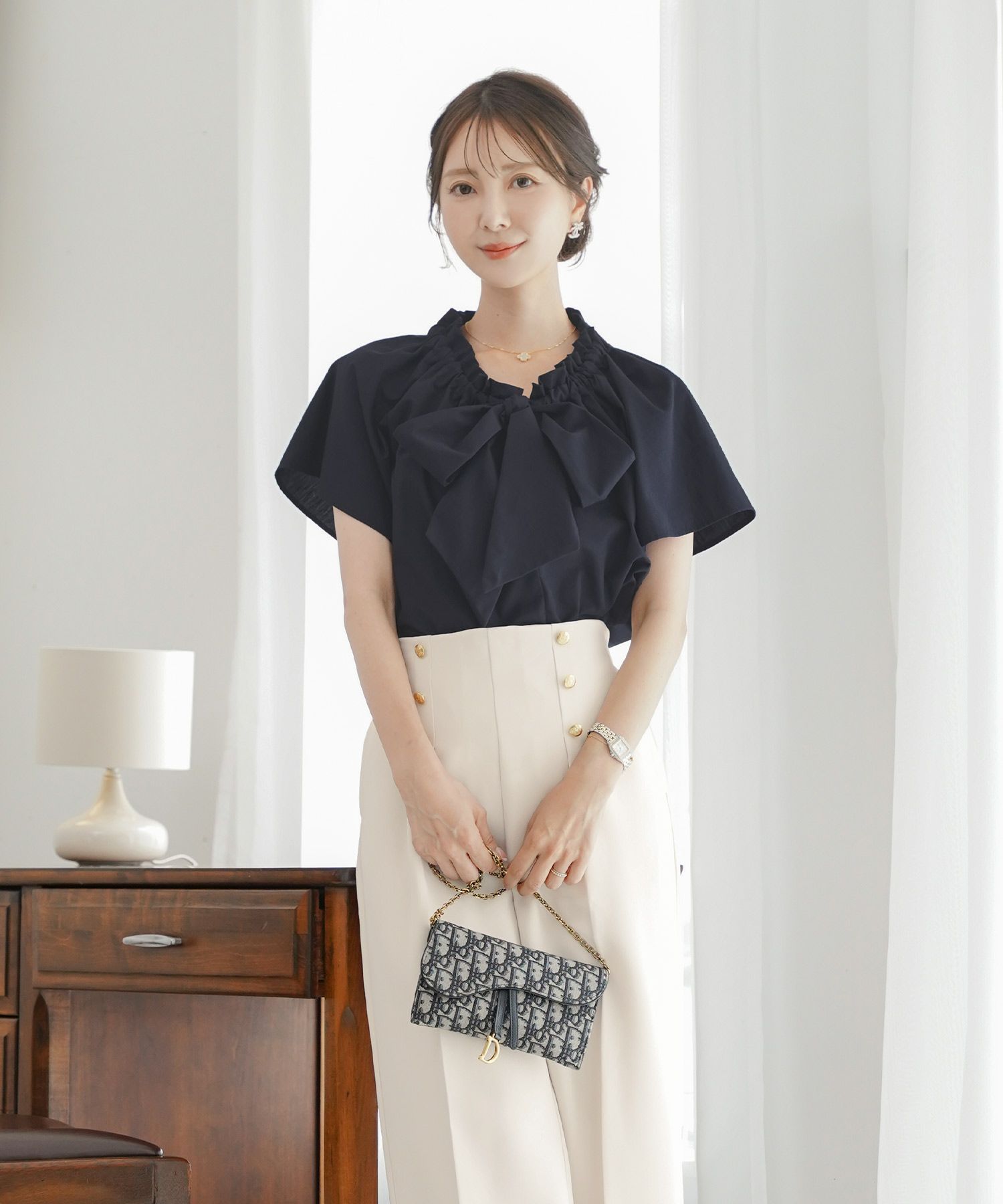 レデイースブラウストップスボウタイリボンドロスト半袖フレアスリーブバタフライスリーブ春夏フレアAラインホワイトネイビー上品綺麗めカジュアルフェミニン