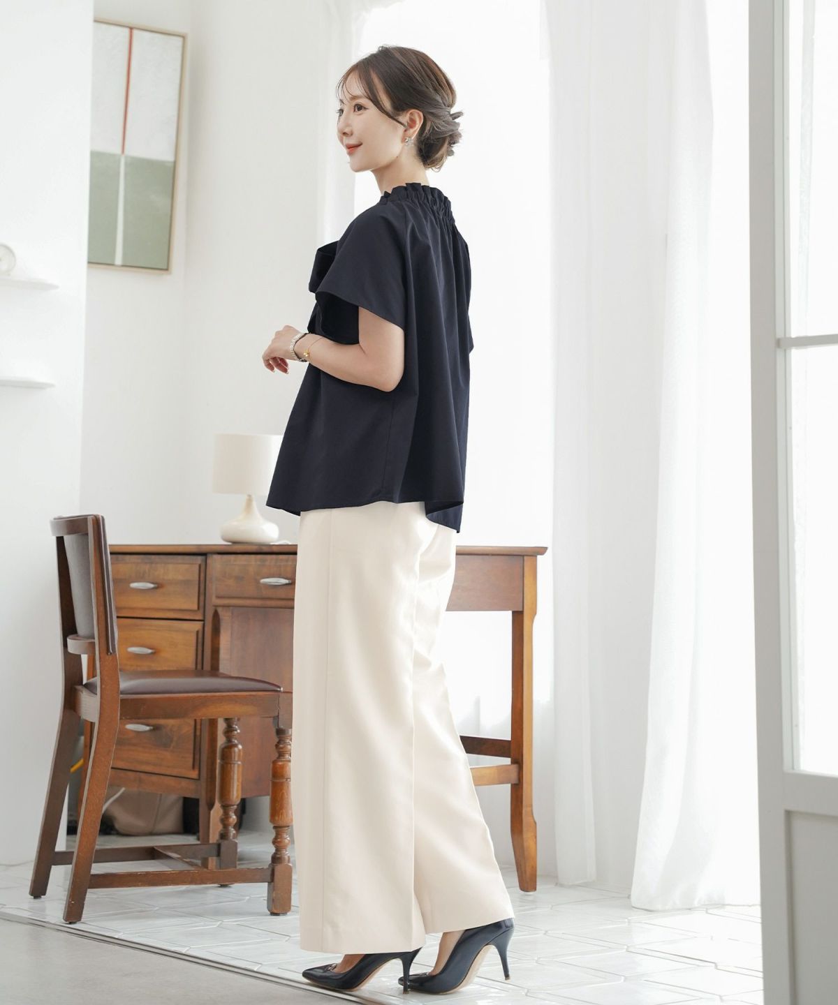 レデイースブラウストップスボウタイリボンドロスト半袖フレアスリーブバタフライスリーブ春夏フレアAラインホワイトネイビー上品綺麗めカジュアルフェミニン