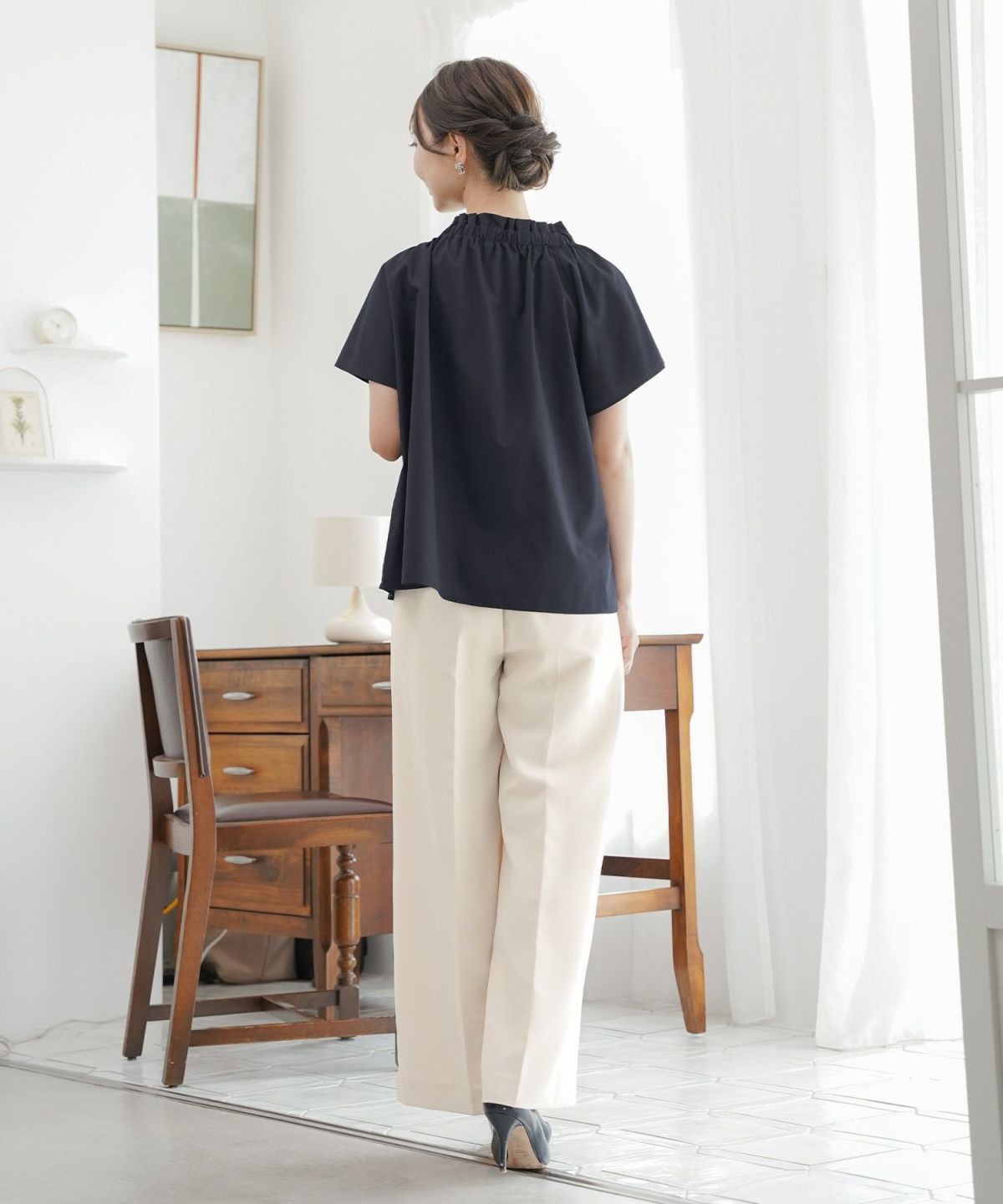 レデイースブラウストップスボウタイリボンドロスト半袖フレアスリーブバタフライスリーブ春夏フレアAラインホワイトネイビー上品綺麗めカジュアルフェミニン