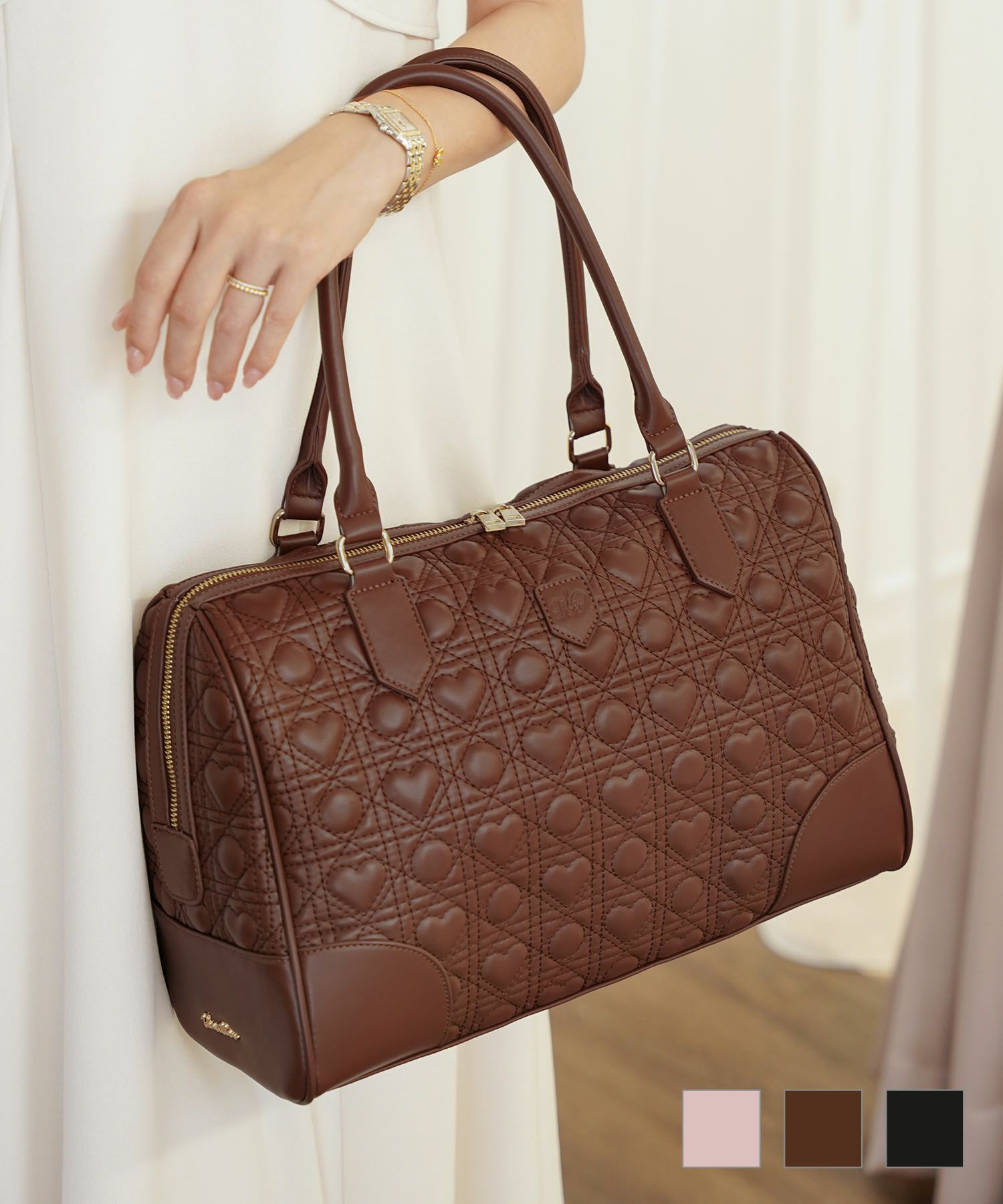 オリジナルハートキルティングボストンバッグlerevevanillerストロベリーミルク/チェスナットブラウン/ブラック【97】