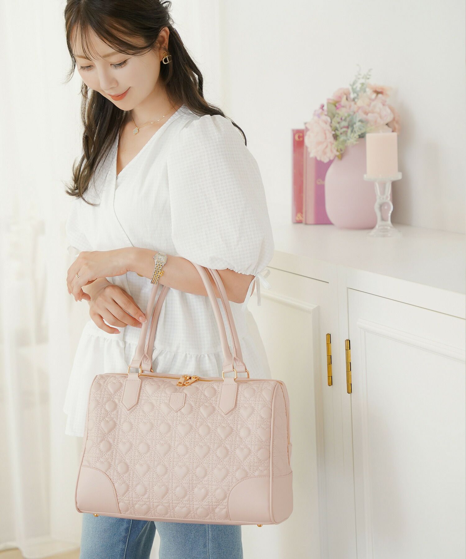 大容量レディースボストンバッグ旅行1泊2日2泊3日マザーズバッグ合皮キルティングハートキルティングフェミニンおしゃれバッグトラベルバッグ機内持ち込み軽量大人かわいい旅行バッグ