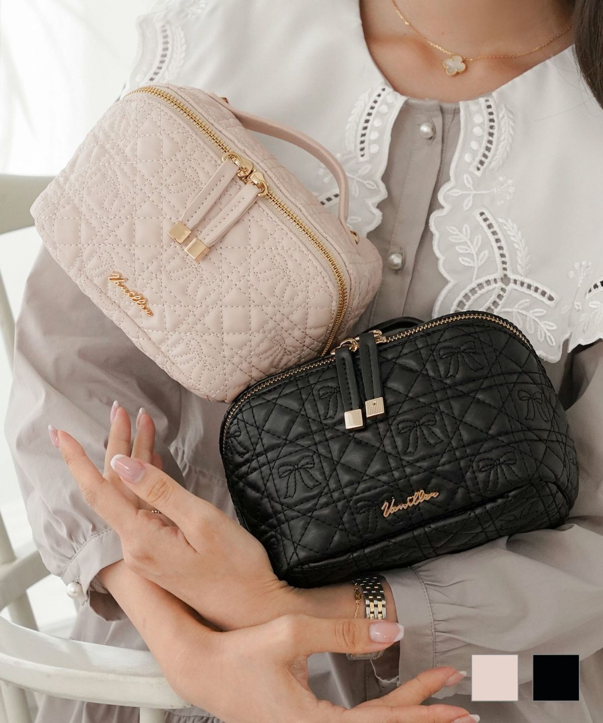 11周年限定！リボンキルティングコスメポーチlerevevanillerストロベリーミルク/ブラック