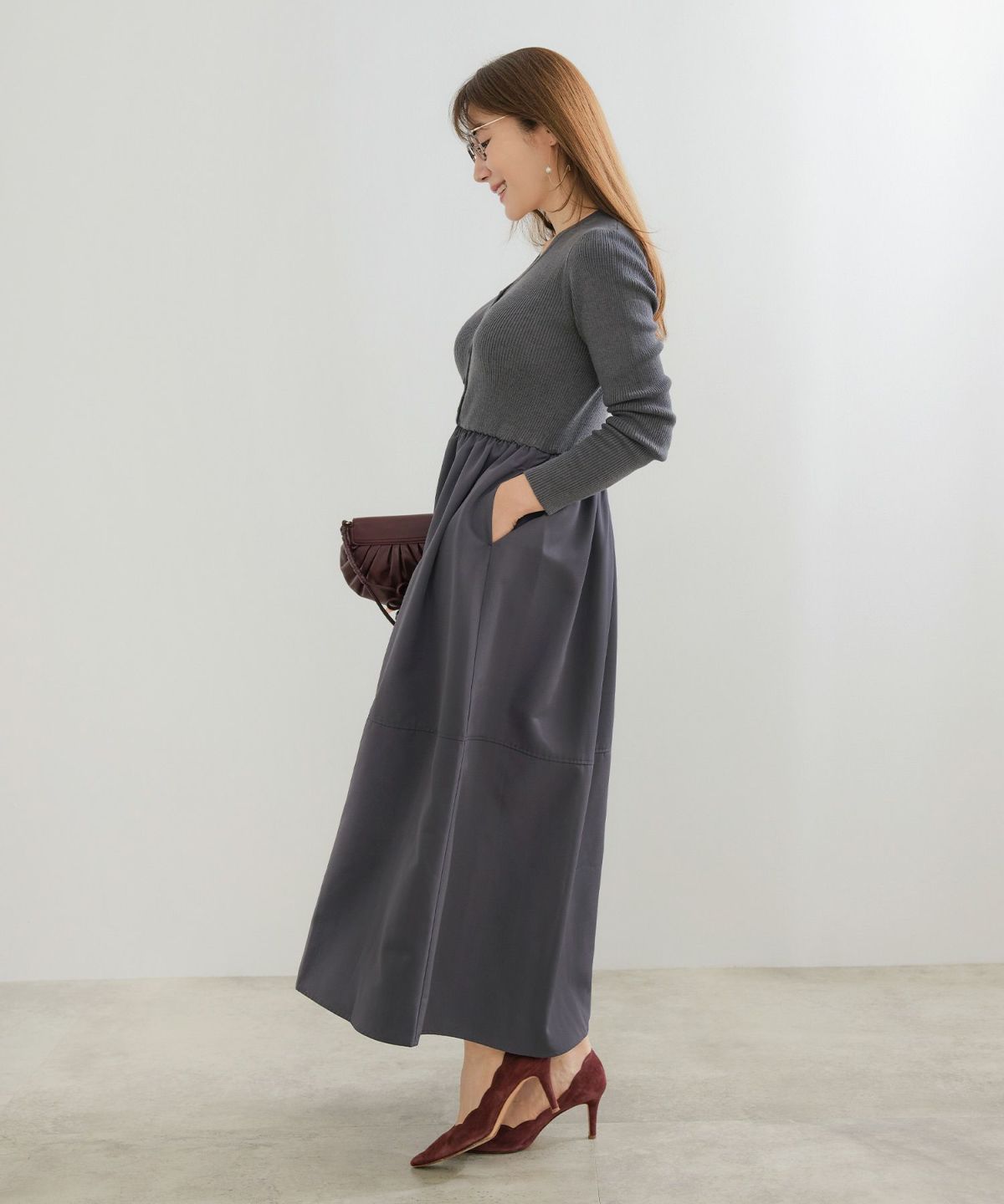 手洗い可 レディース ロング 大人 長袖 フレア 異素材切り替え きれいめ オフィス 秋冬 春 かわいい ジョイントスペース