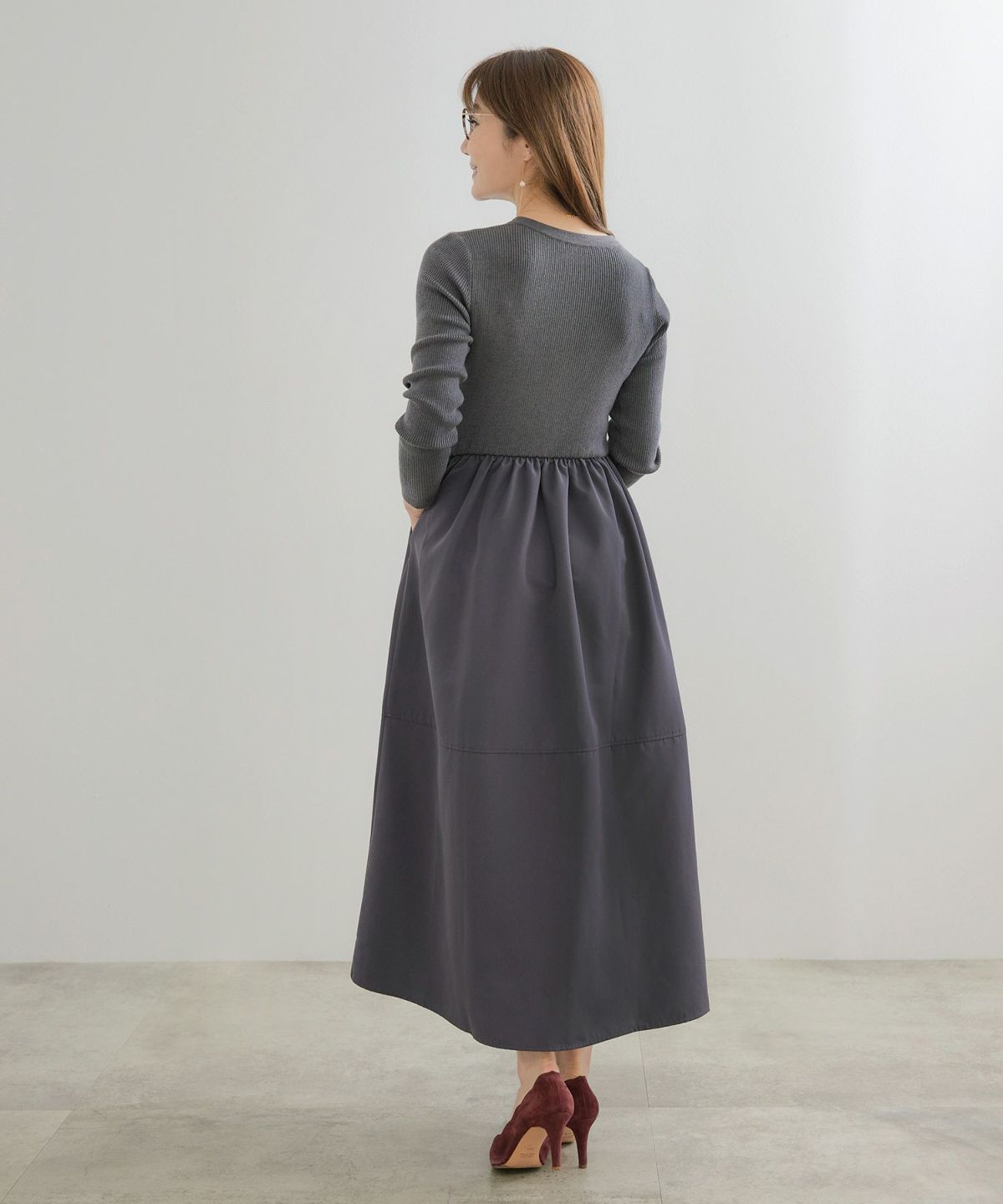 手洗い可 レディース ロング 大人 長袖 フレア 異素材切り替え きれいめ オフィス 秋冬 春 かわいい ジョイントスペース