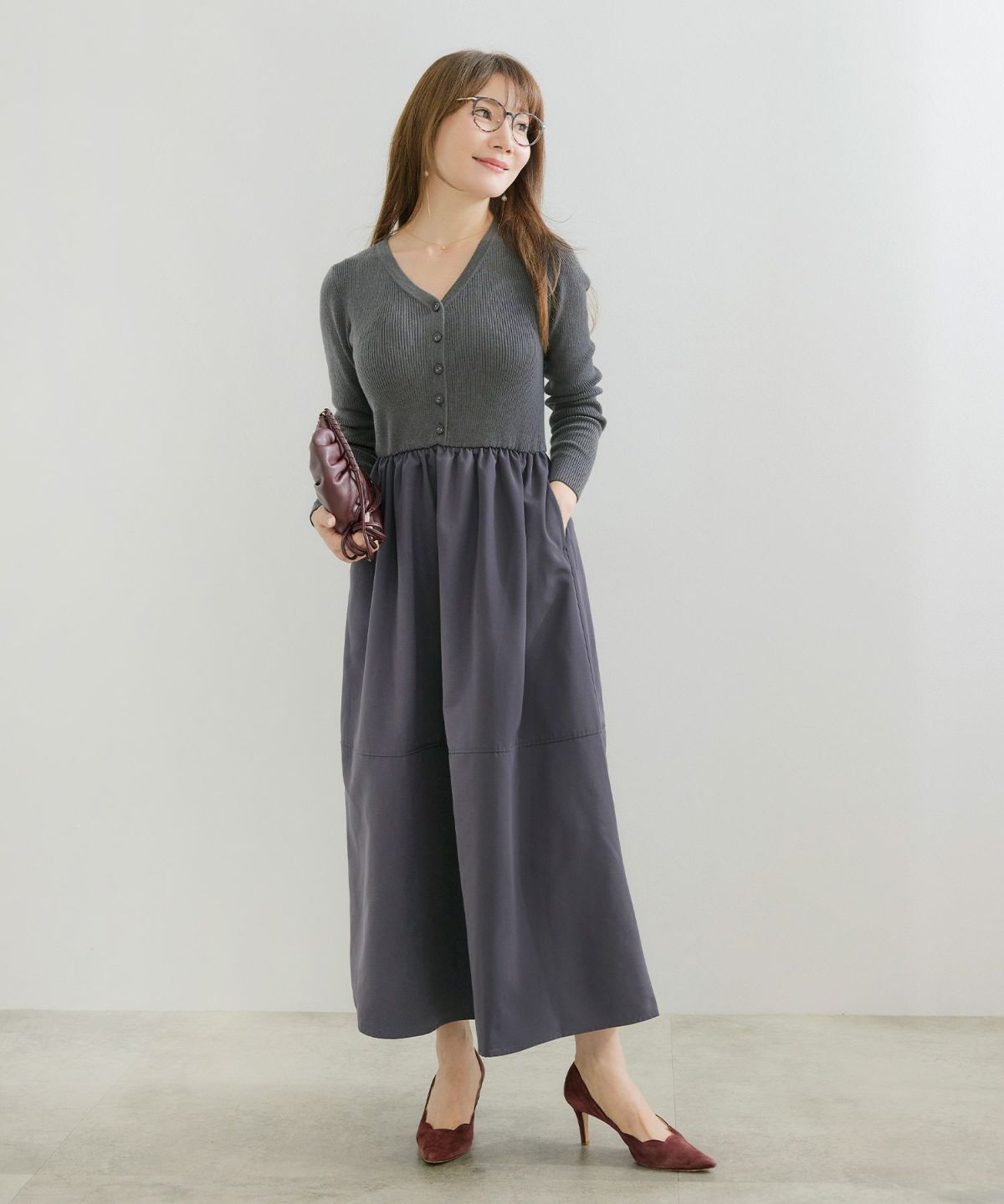 手洗い可 レディース ロング 大人 長袖 フレア 異素材切り替え きれいめ オフィス 秋冬 春 かわいい ジョイントスペース