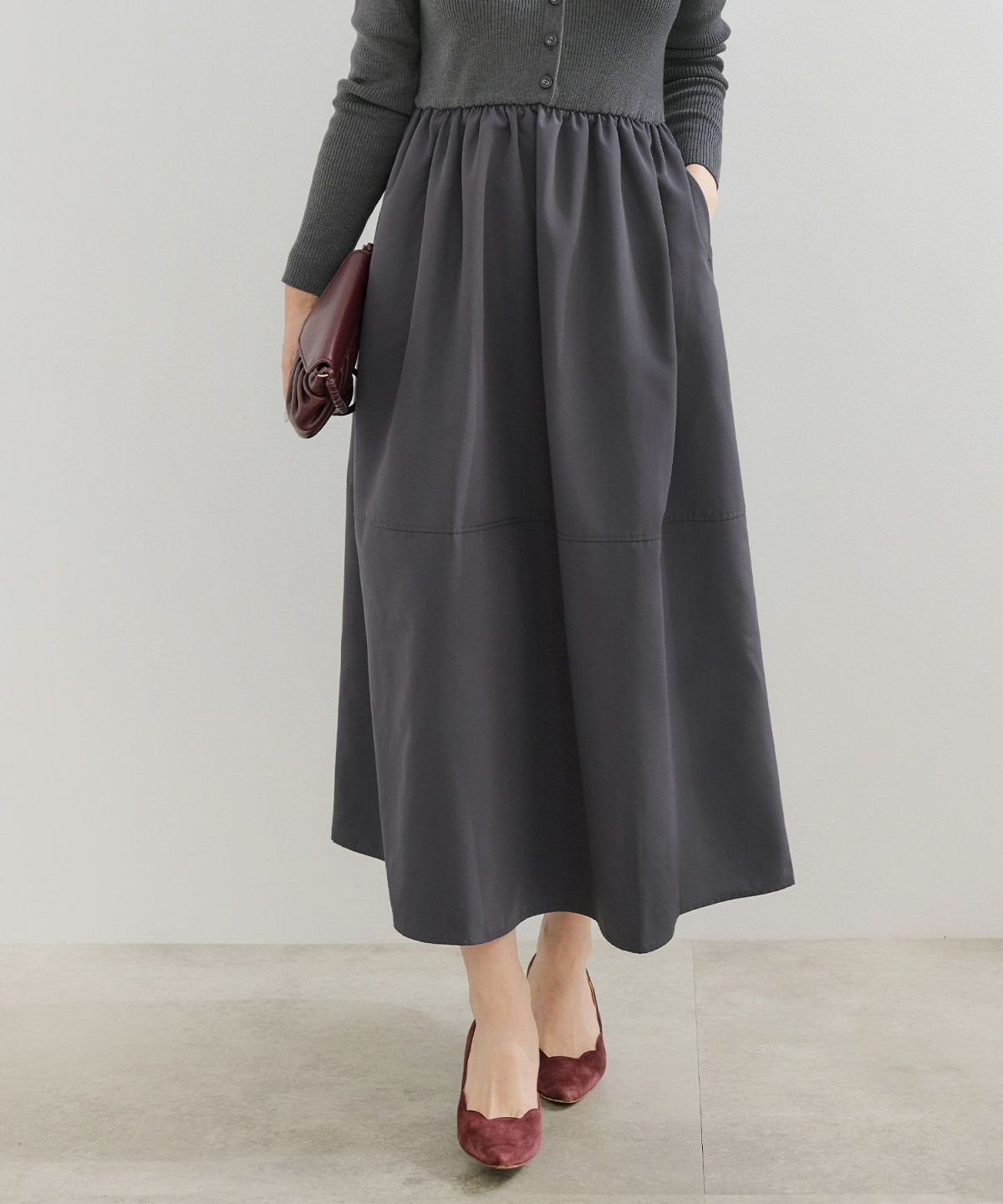 手洗い可 レディース ロング 大人 長袖 フレア 異素材切り替え きれいめ オフィス 秋冬 春 かわいい ジョイントスペース