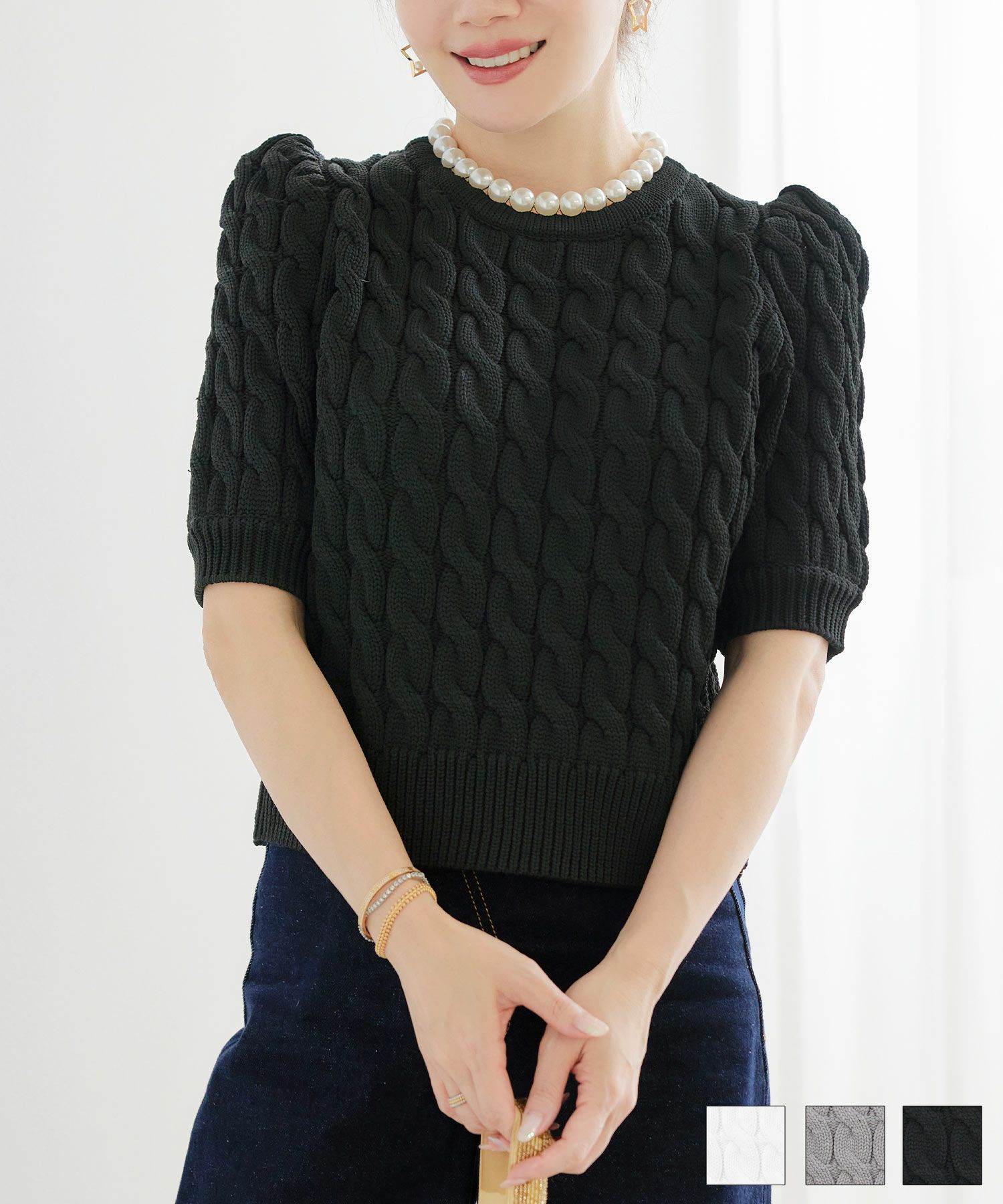 襟パール付きケーブルニットLiala×PG