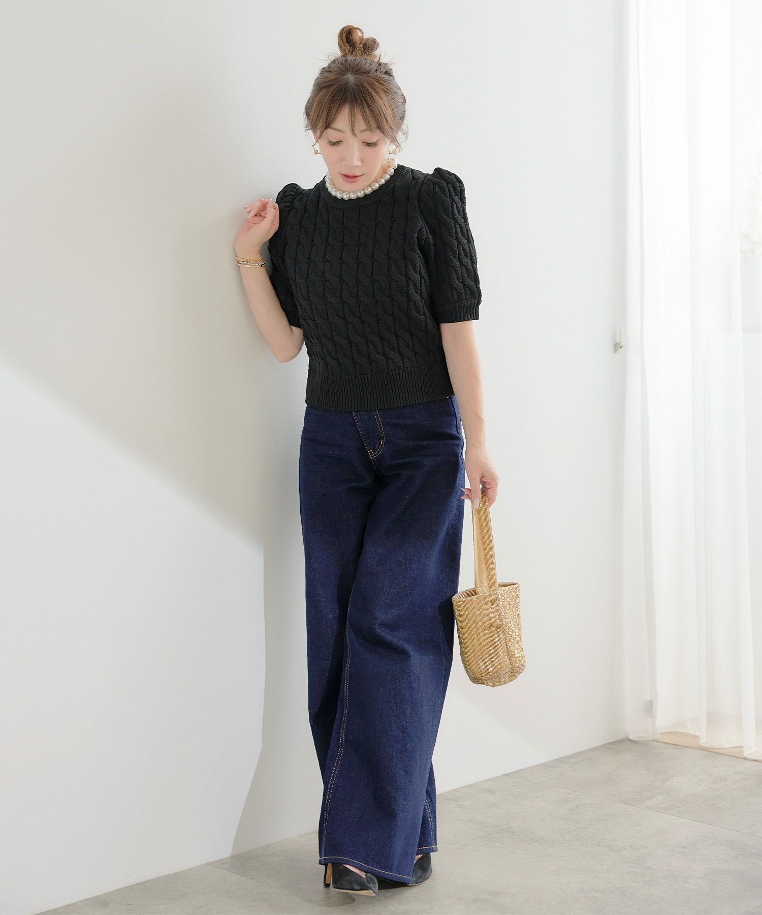 手洗い可かわいい上品きれいめ大人カジュアルシンプルパフスリーブオフィスジョイントスペース